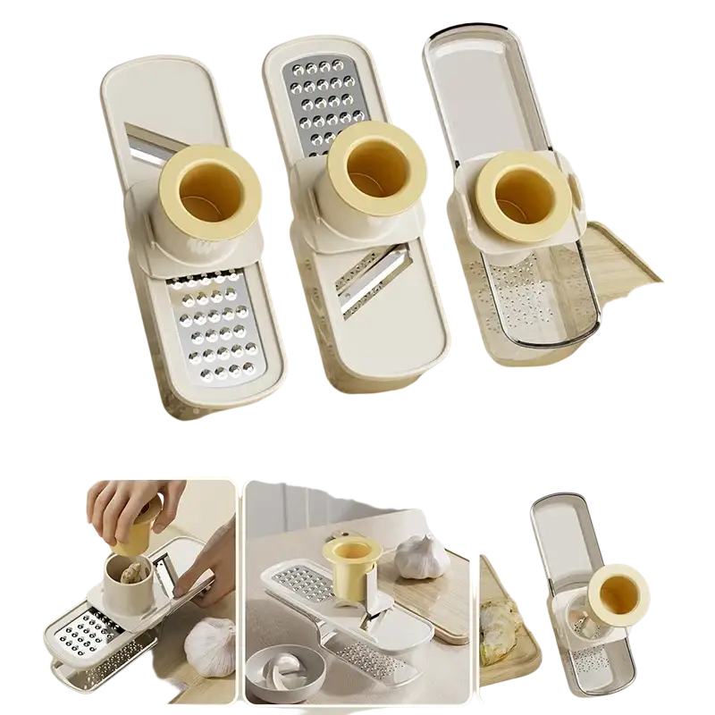 Garlic grinder three-function kitchen slicer with stainless steel grating and white plastic body for garlic grinding