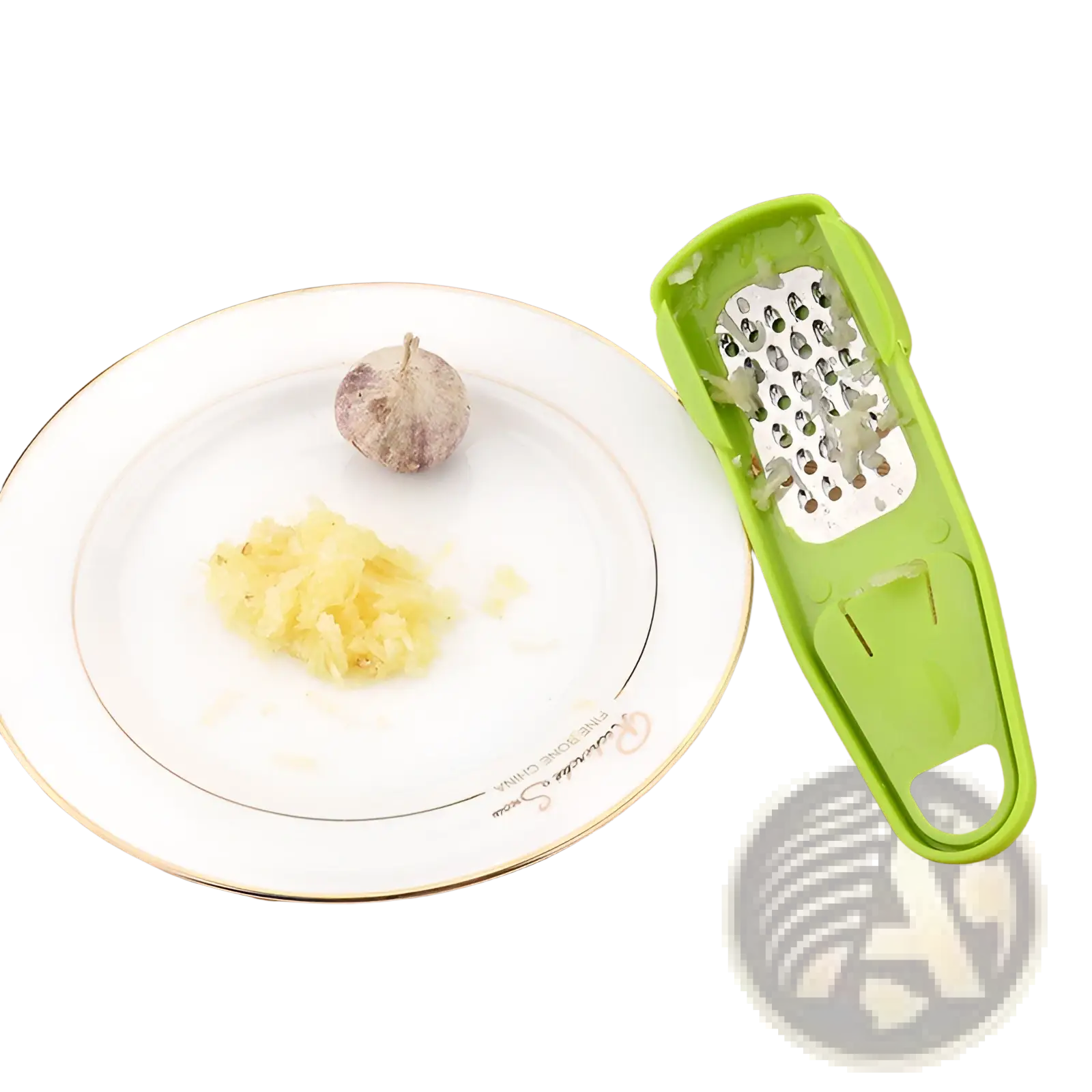 Green plastic garlic grater with stainless steel grating surface for mincing in a 2 pack set