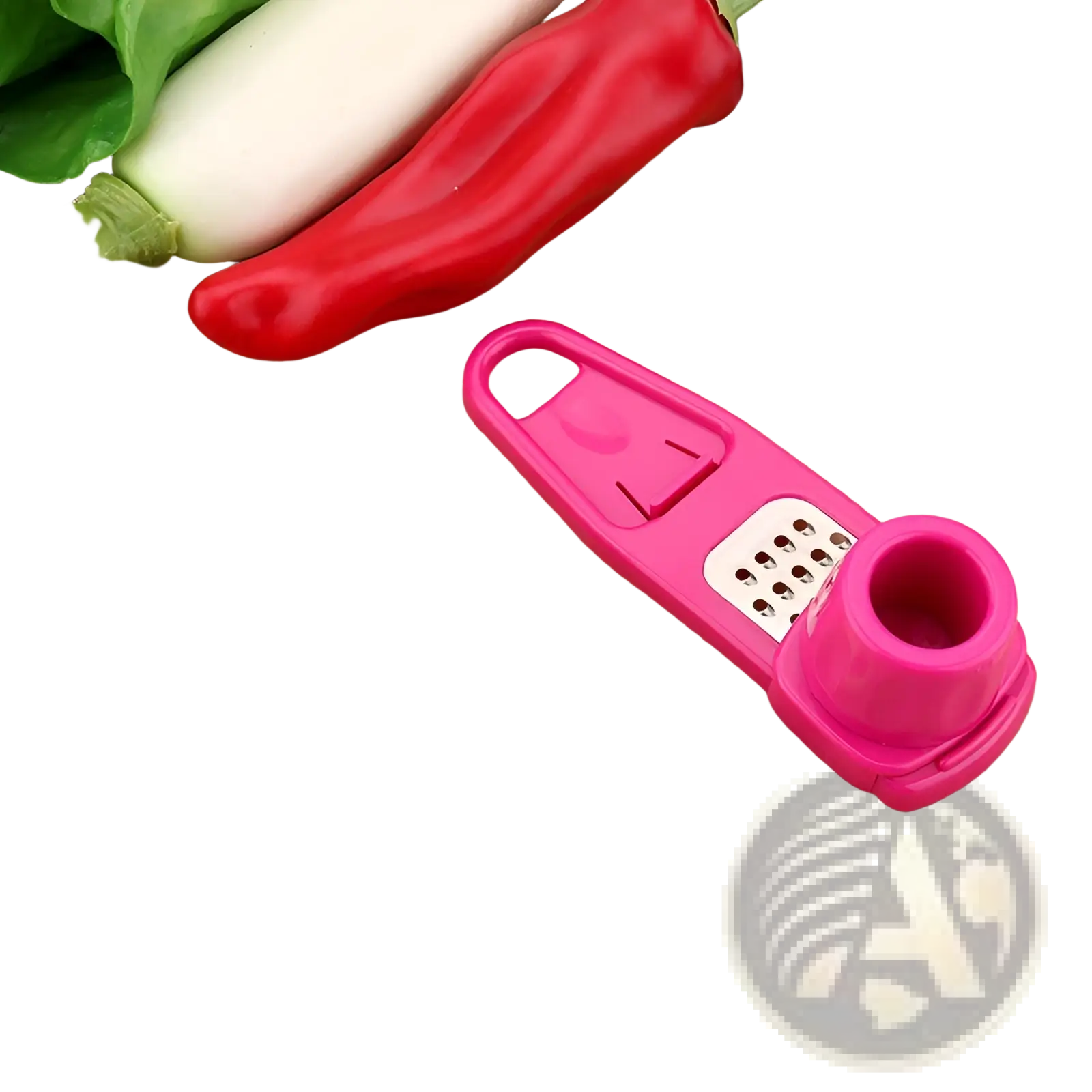 Bright pink plastic garlic press with white stainless steel grater surface and circular bulb holder in a 2 pack set