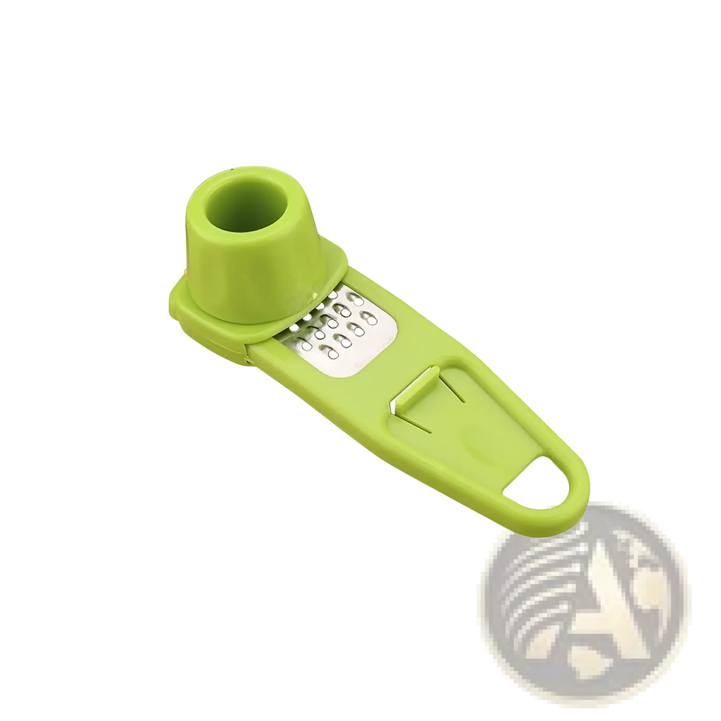 Bright lime green plastic garlic press with stainless steel grater surface and integrated handle in a 2 pack set