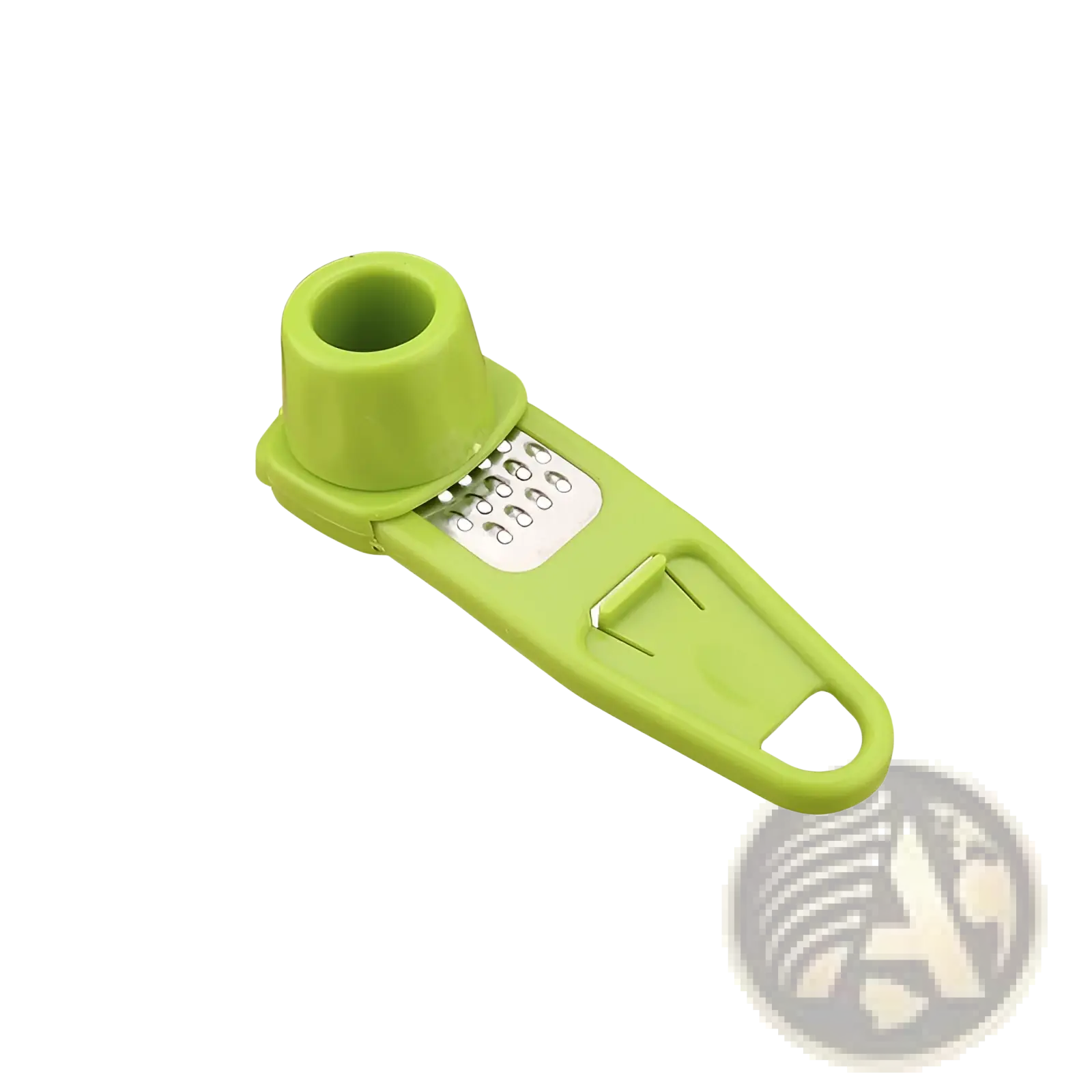 Bright lime green plastic garlic press with stainless steel grater surface and integrated handle in a 2 pack set