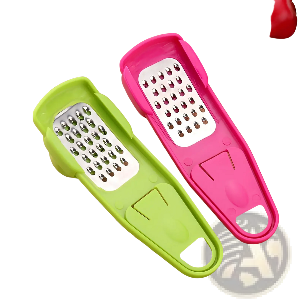 Bright green and pink plastic-handled garlic press grater set with stainless steel grating surfaces 2 pack