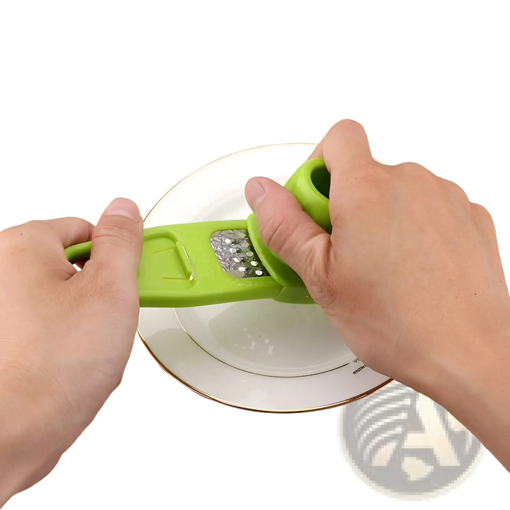 Bright green plastic garlic press with stainless steel grating surface for mincing in a 2 pack set