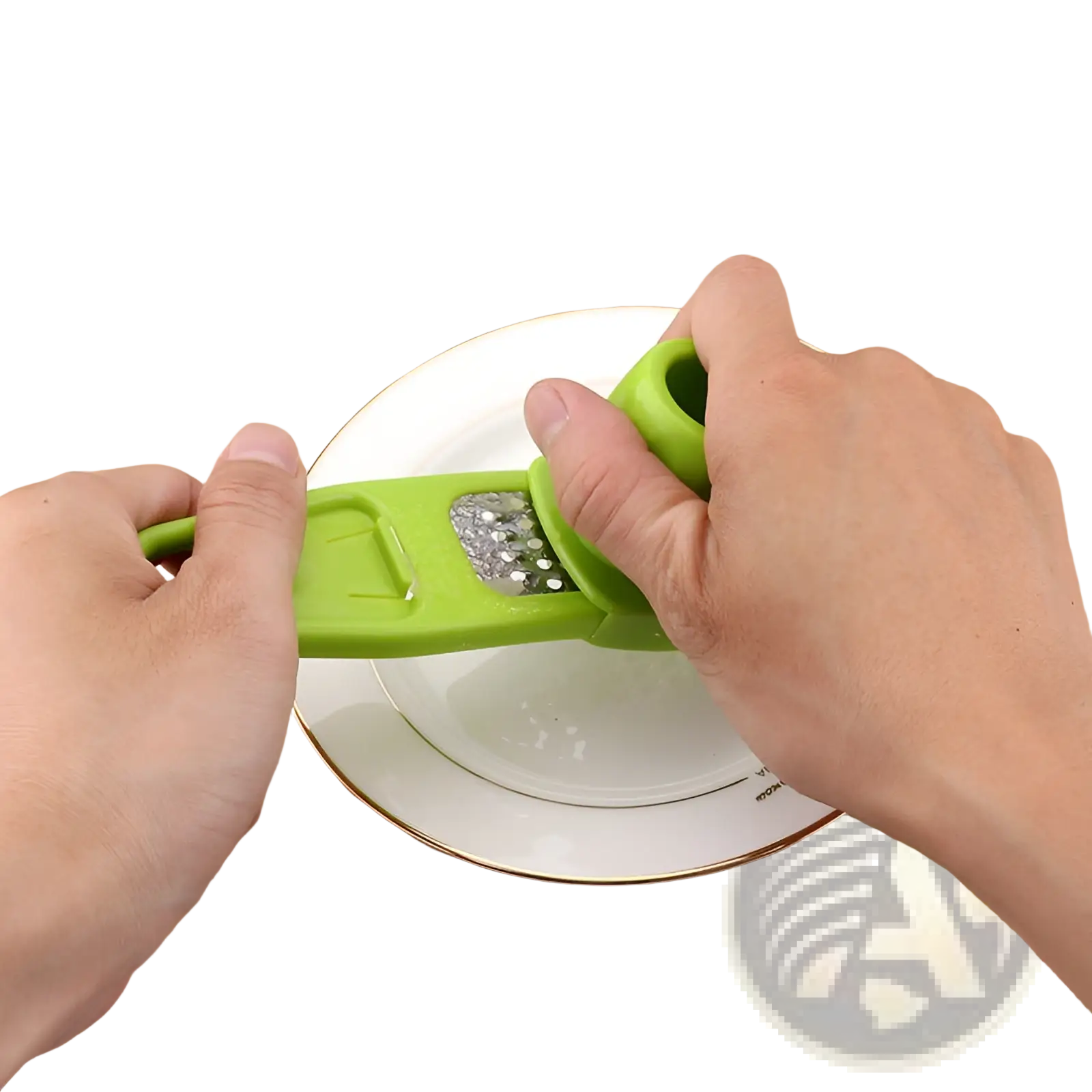 Bright green plastic garlic press with stainless steel grating surface for mincing in a 2 pack set