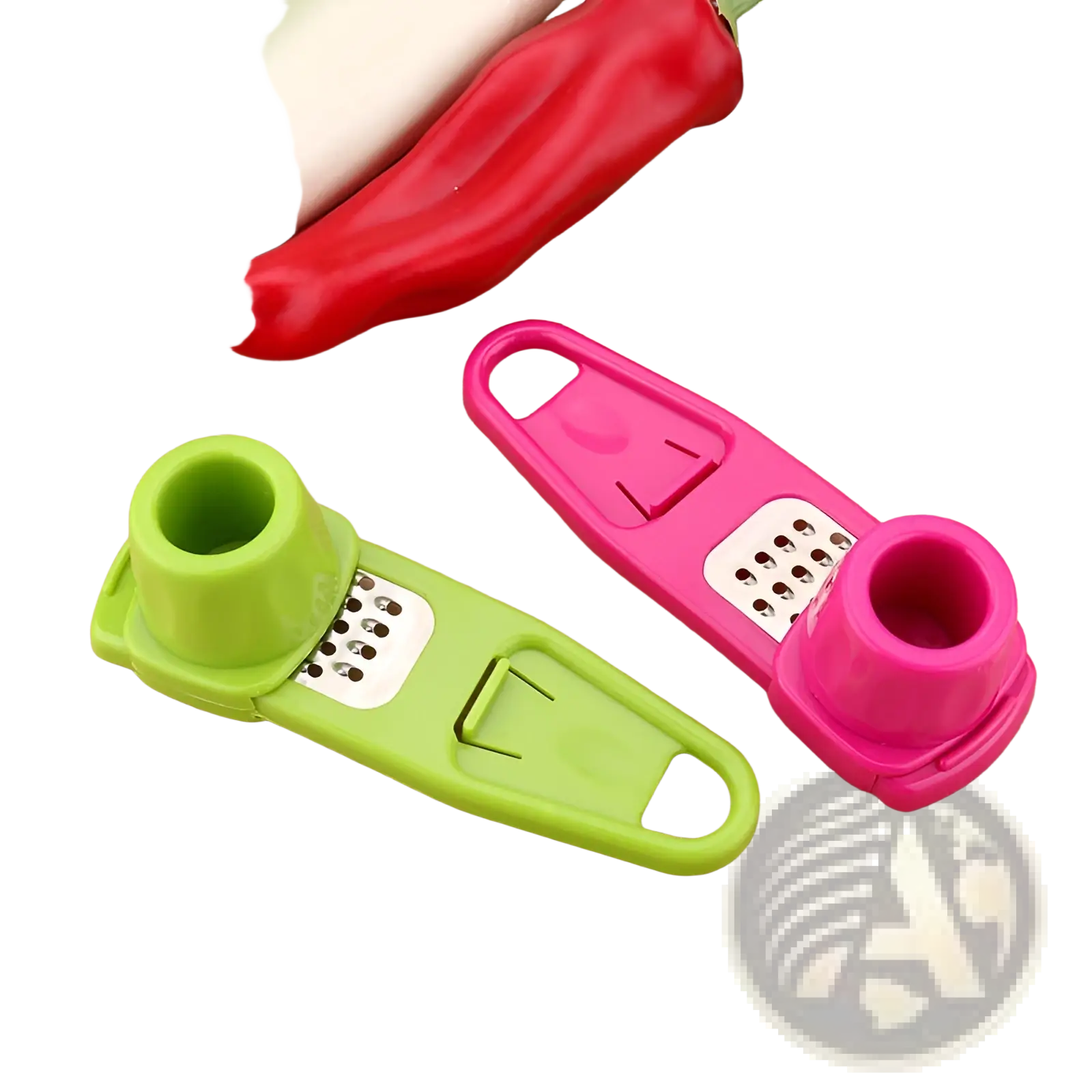 Two colorful plastic garlic press graters in lime green and bright pink with white stainless steel grating surfaces