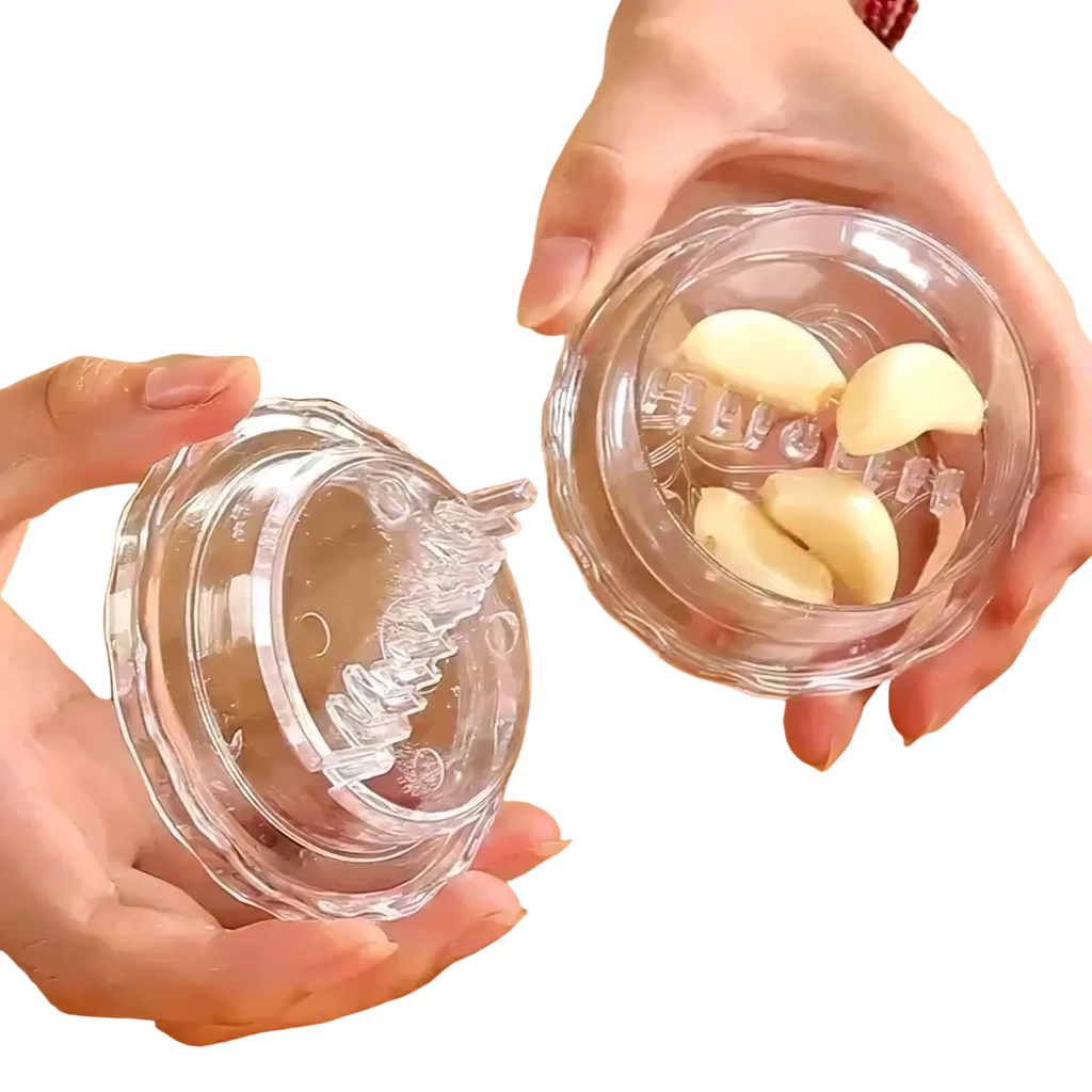 Clear plastic garlic press with scalloped rim and spiral grinding mechanism multifunctional kitchen tool