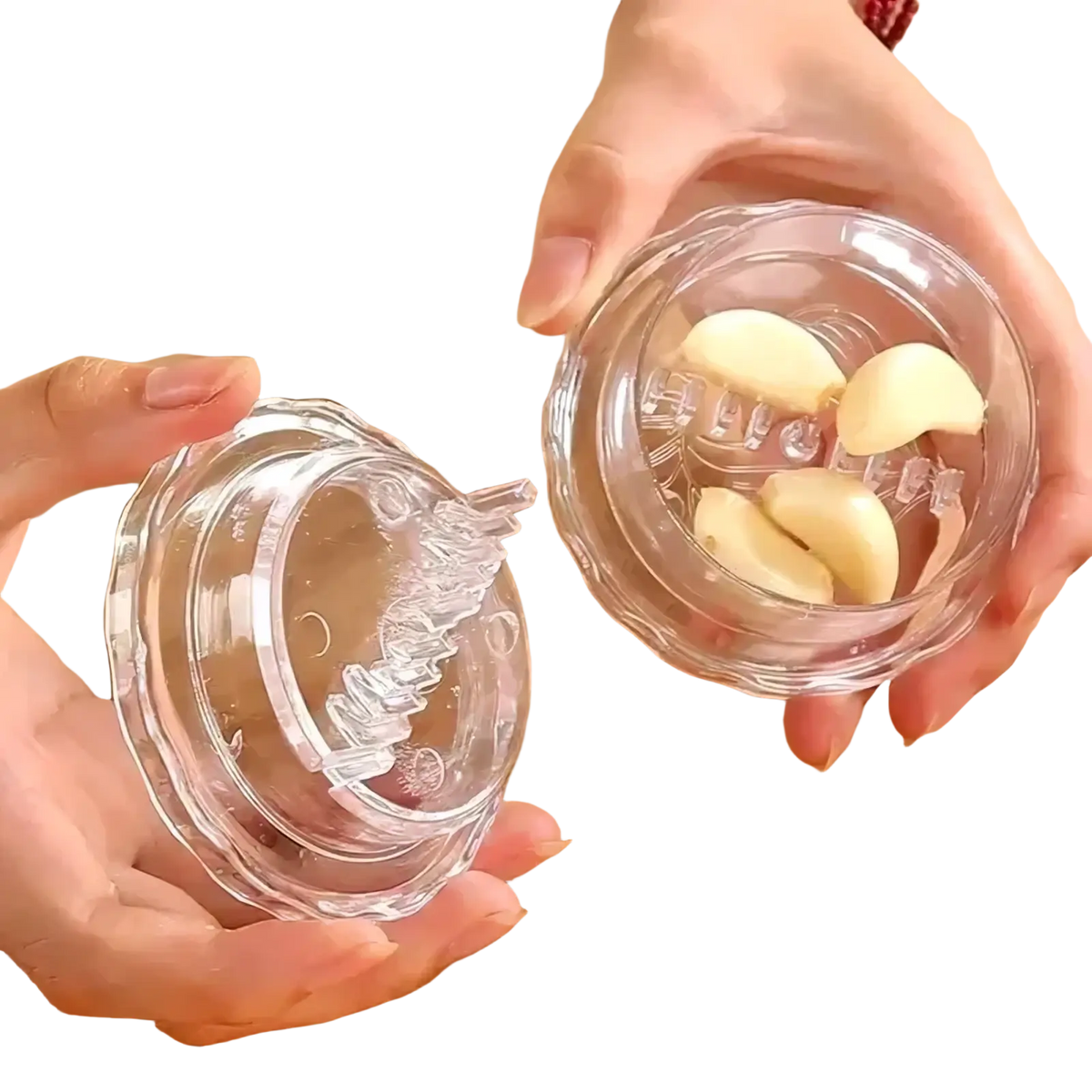 Clear plastic garlic press with scalloped rim and spiral grinding mechanism multifunctional kitchen tool