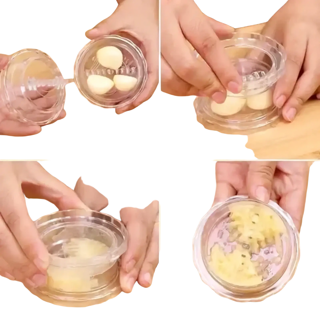Clear plastic garlic press manual multifunctional kitchen tool with ridged circular top and bottom components for crushing garlic