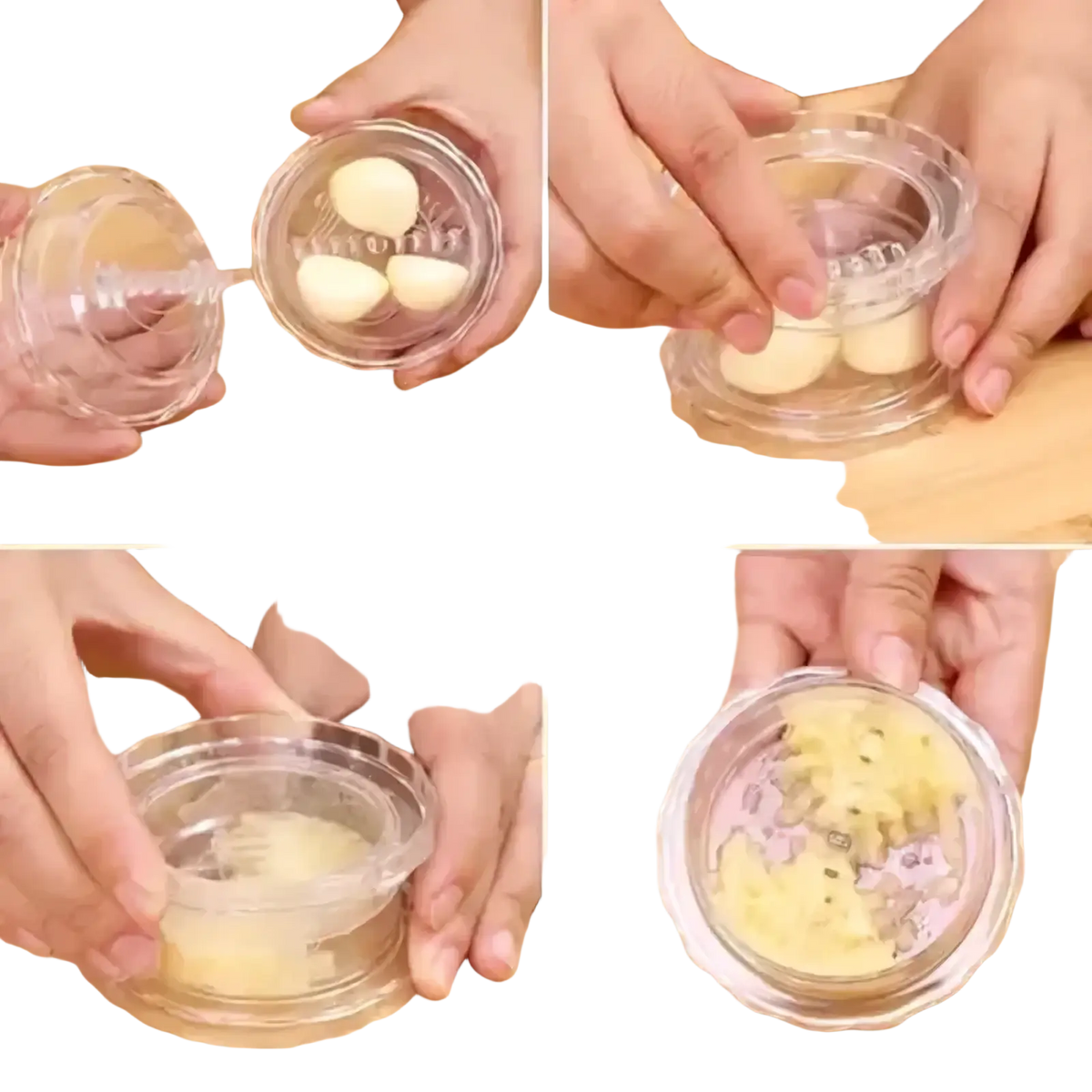 Clear plastic garlic press manual multifunctional kitchen tool with ridged circular top and bottom components for crushing garlic