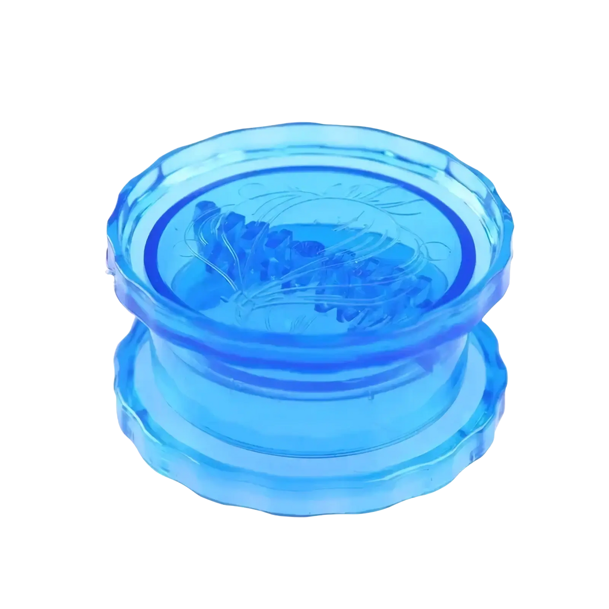 Transparent blue plastic herb grinder with scalloped edge and embossed design for garlic press manual multifunctional kitchen tool