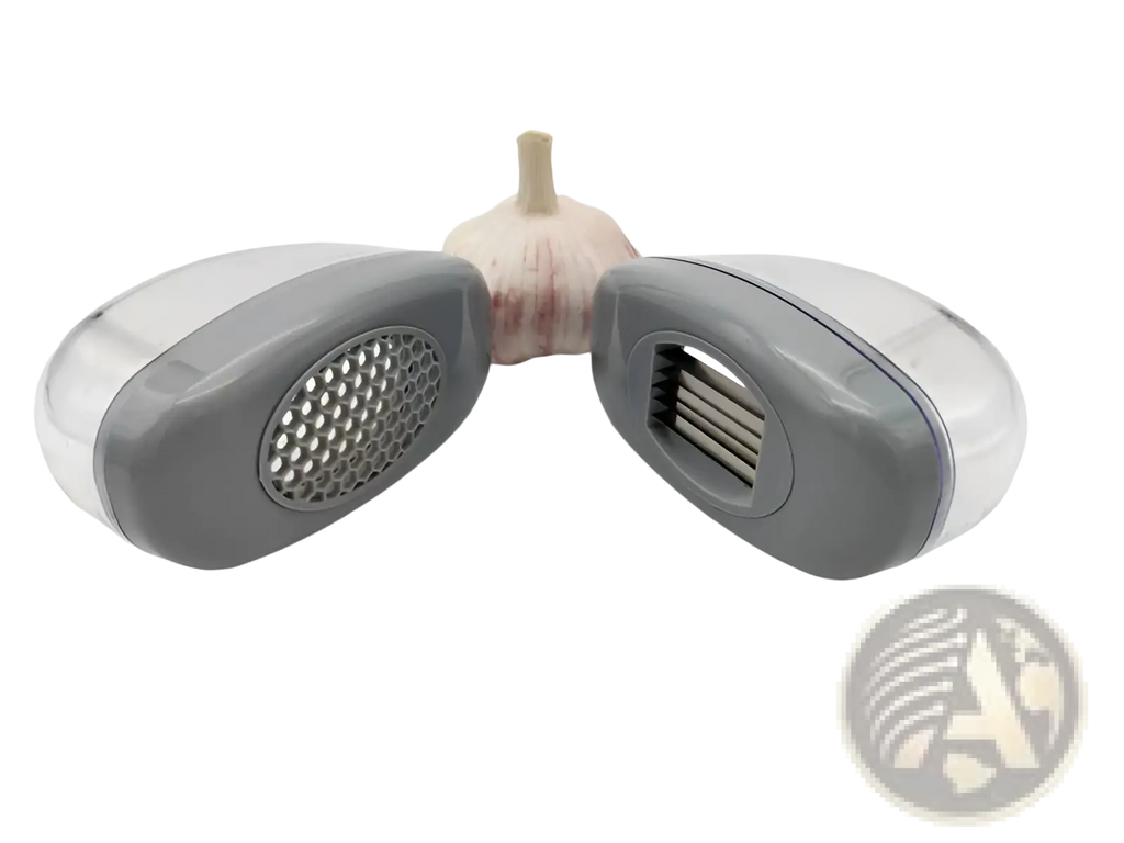 Gray and transparent plastic garlic press with stainless steel blades featuring perforated grater and slicing blade sides