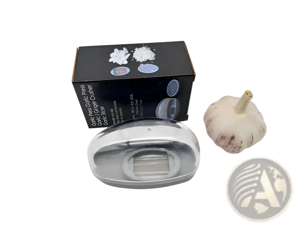 Garlic press with stainless steel blades silver oval design and transparent protective cover in gray case