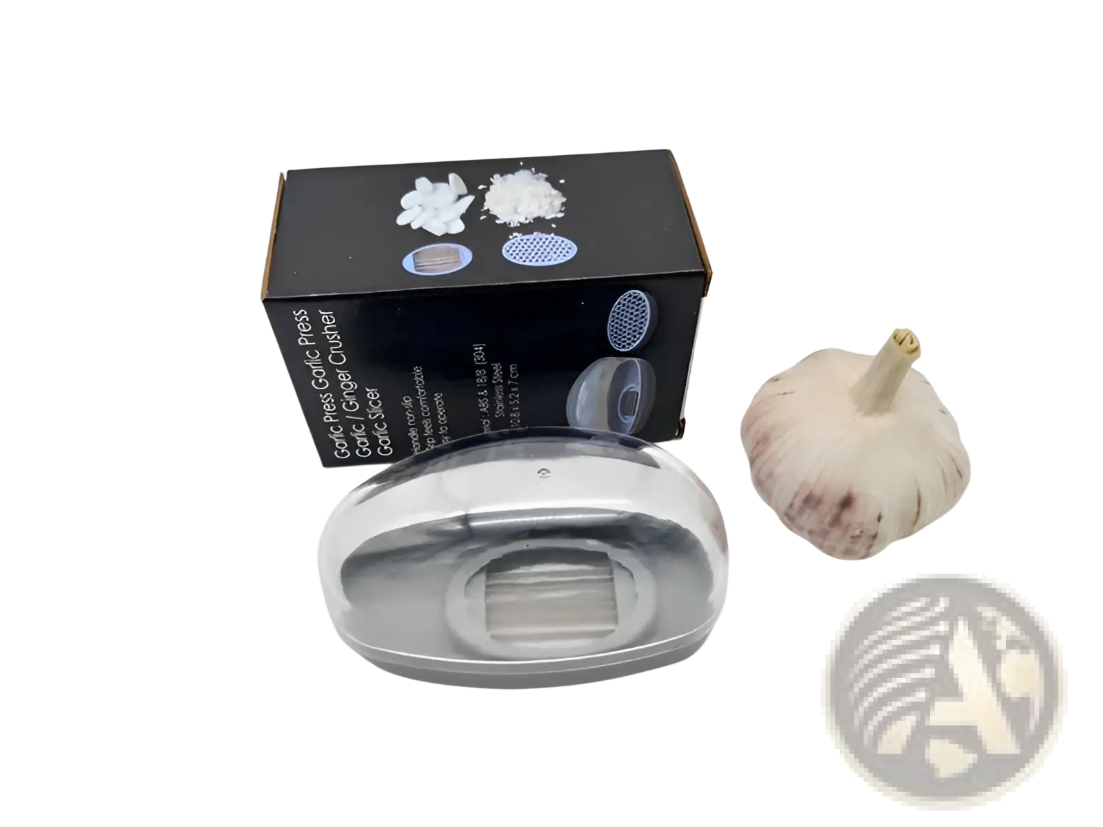 Garlic press with stainless steel blades silver oval design and transparent protective cover in gray case