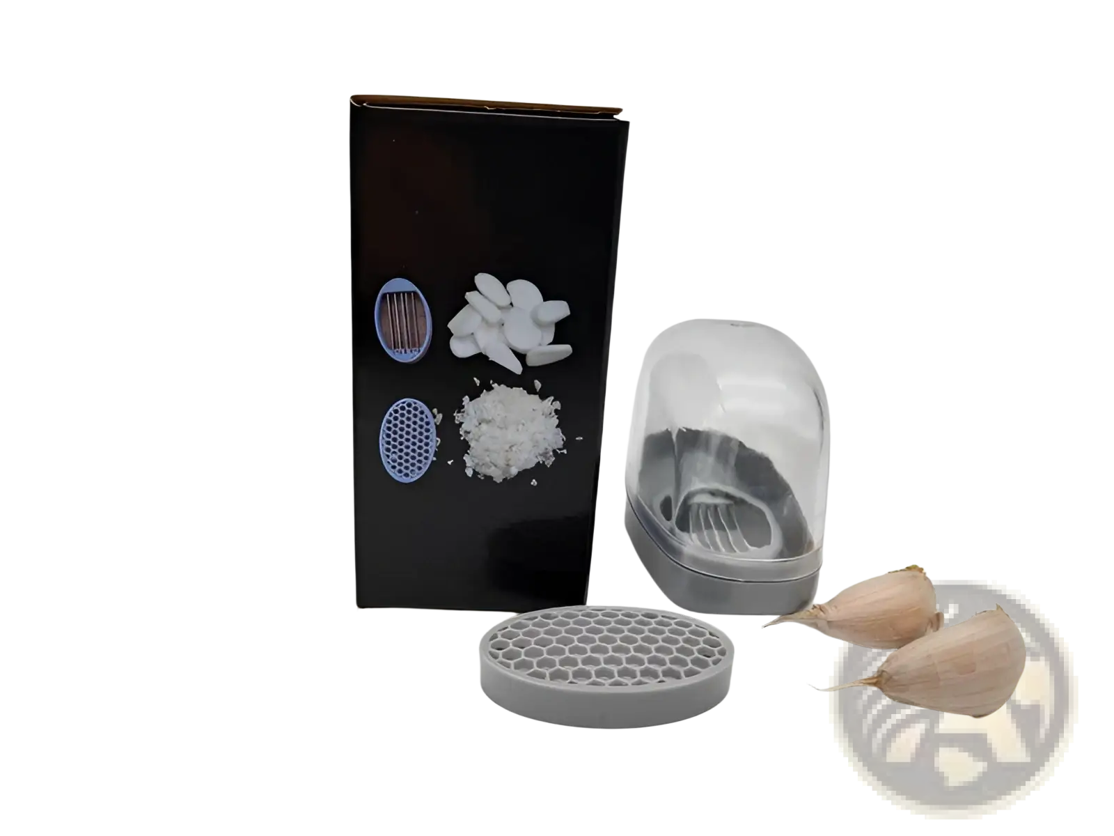 Gray plastic garlic press with stainless steel blades, clear dome lid, and interchangeable grinding plates in gray case