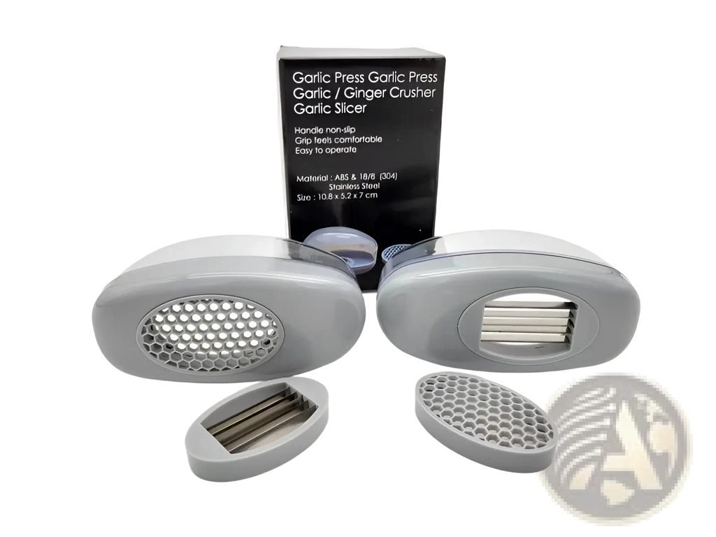 Garlic press with stainless steel blades gray plastic case and honeycomb mesh insert for efficient crushing