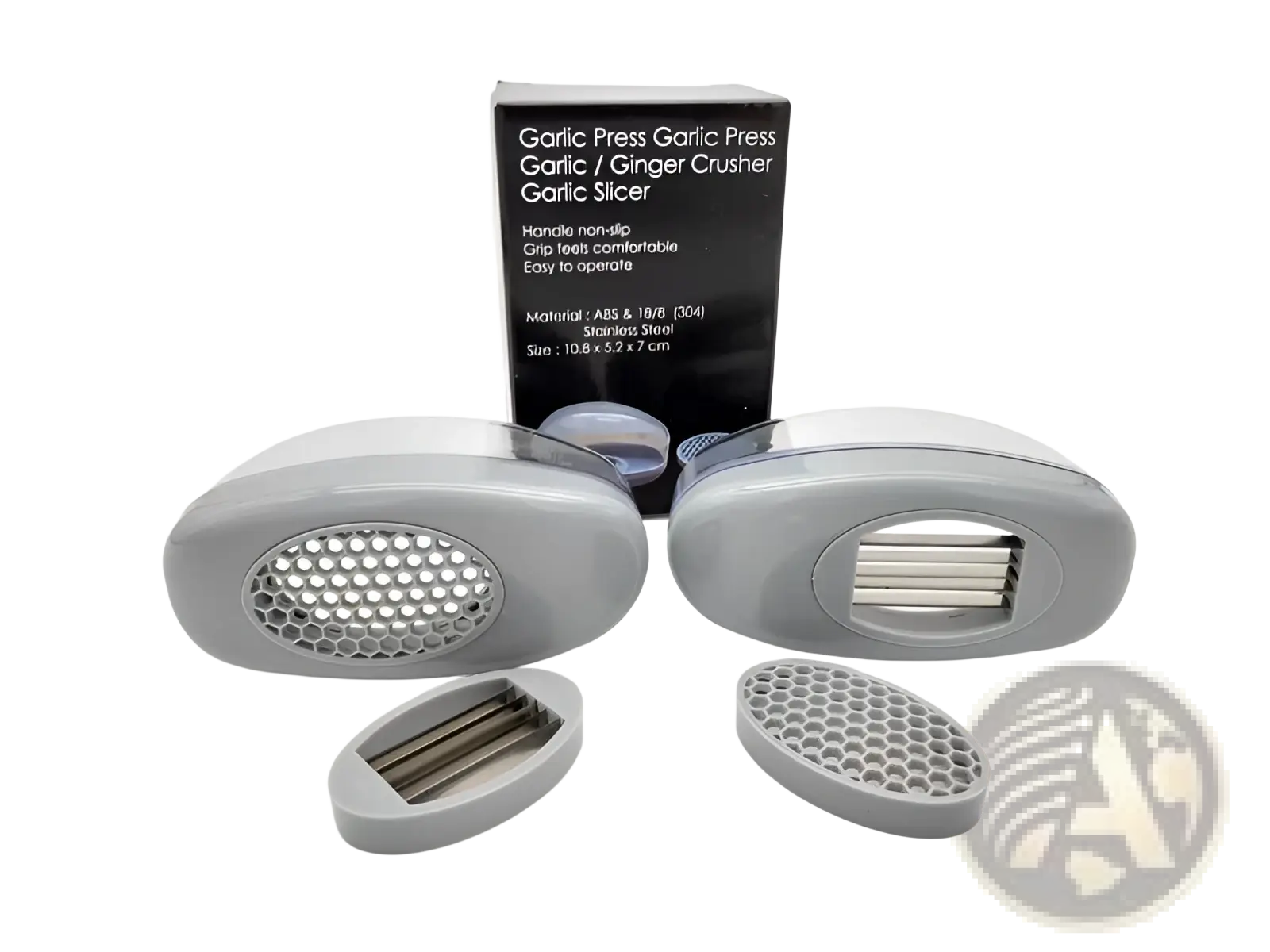 Garlic press with stainless steel blades gray plastic case and honeycomb mesh insert for efficient crushing