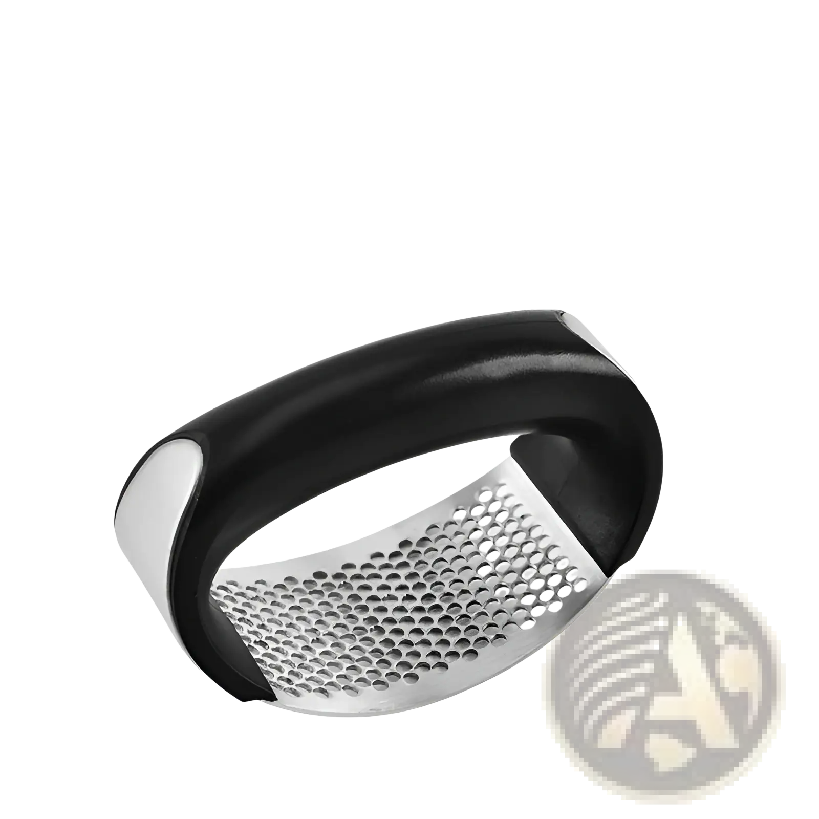 Garlic press stainless steel ergonomic manual mincer tool with black handles and textured perforated grating surface