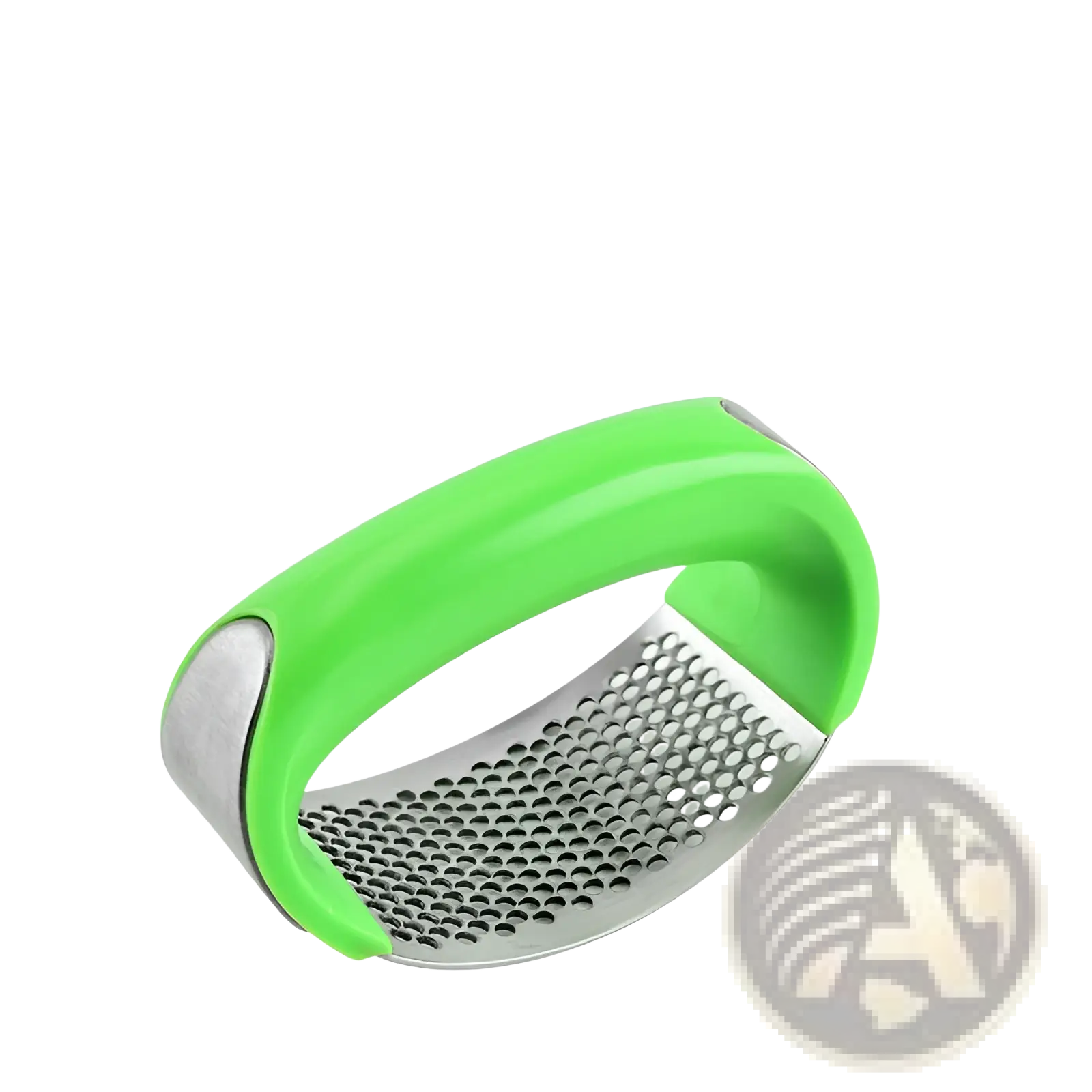 Bright green plastic handled garlic press with stainless steel ergonomic manual mincer grating surface