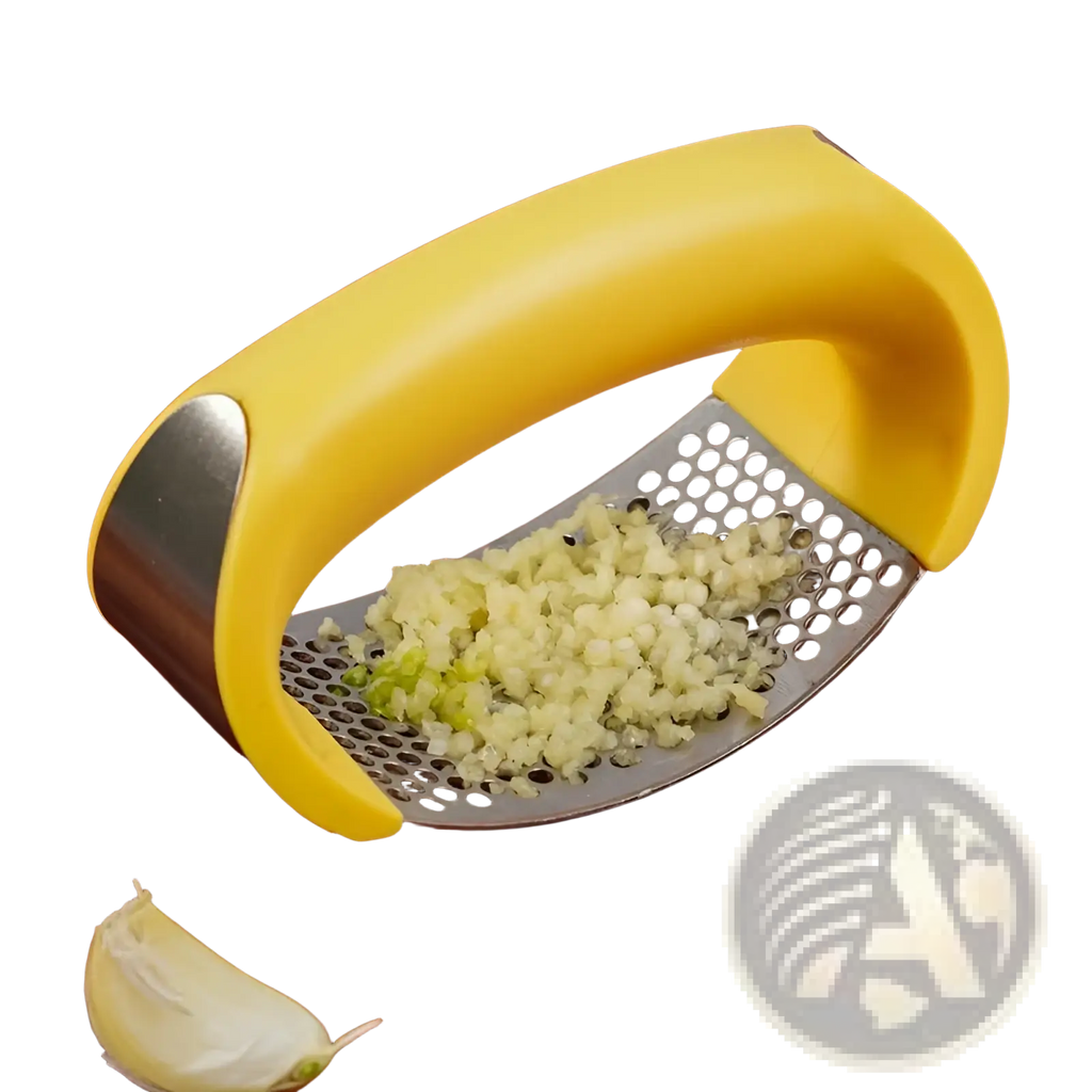 Yellow-handled garlic press with stainless steel grinding surface filled with finely minced garlic for manual mincing