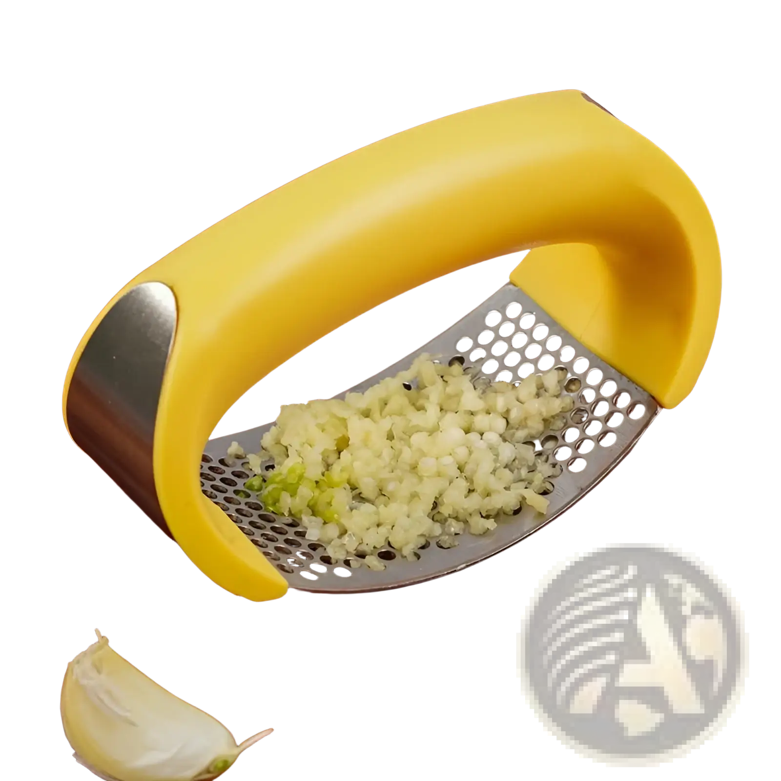 Yellow-handled garlic press with stainless steel grinding surface filled with finely minced garlic for manual mincing