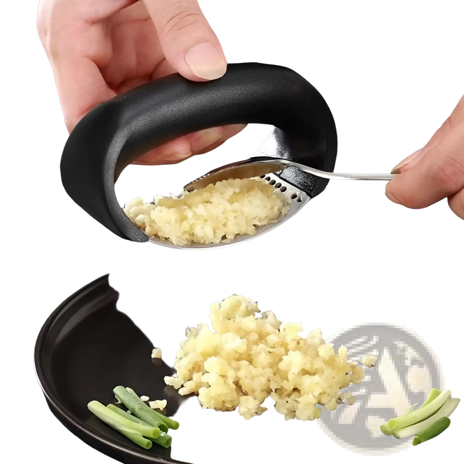 Black-handled garlic press with stainless steel grinding plate designed for easy efficient manual mincing of garlic