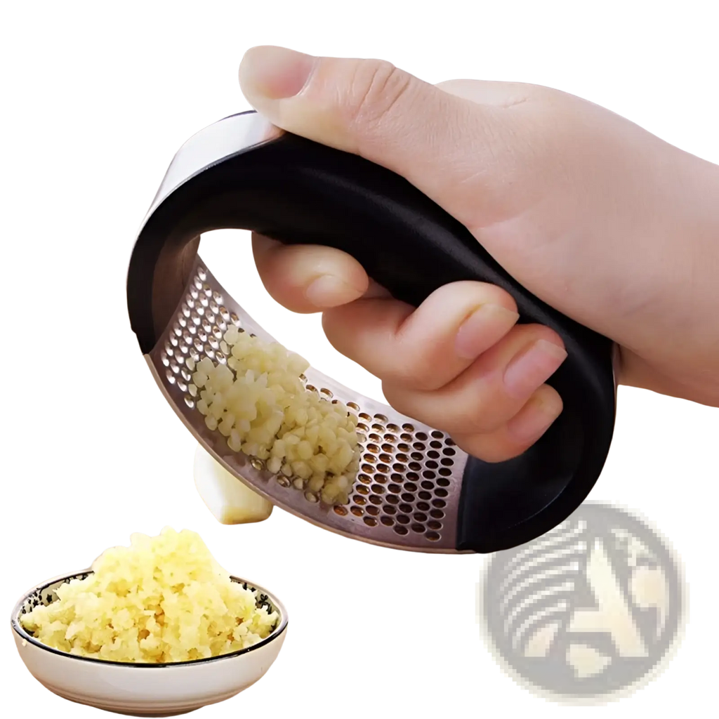 Black and stainless steel garlic press with ergonomic curved perforated grinding surface for manual mincing