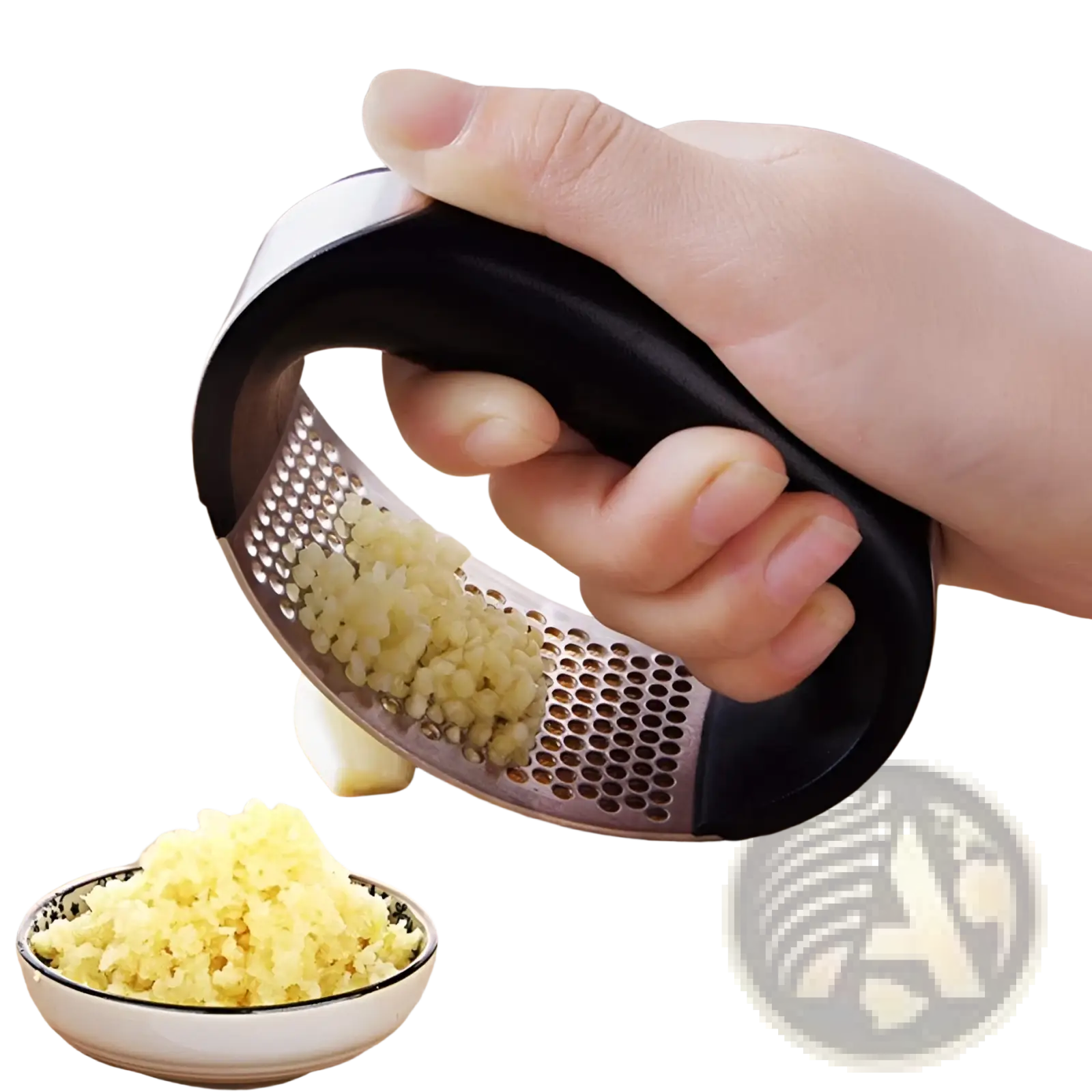 Black and stainless steel garlic press with ergonomic curved perforated grinding surface for manual mincing