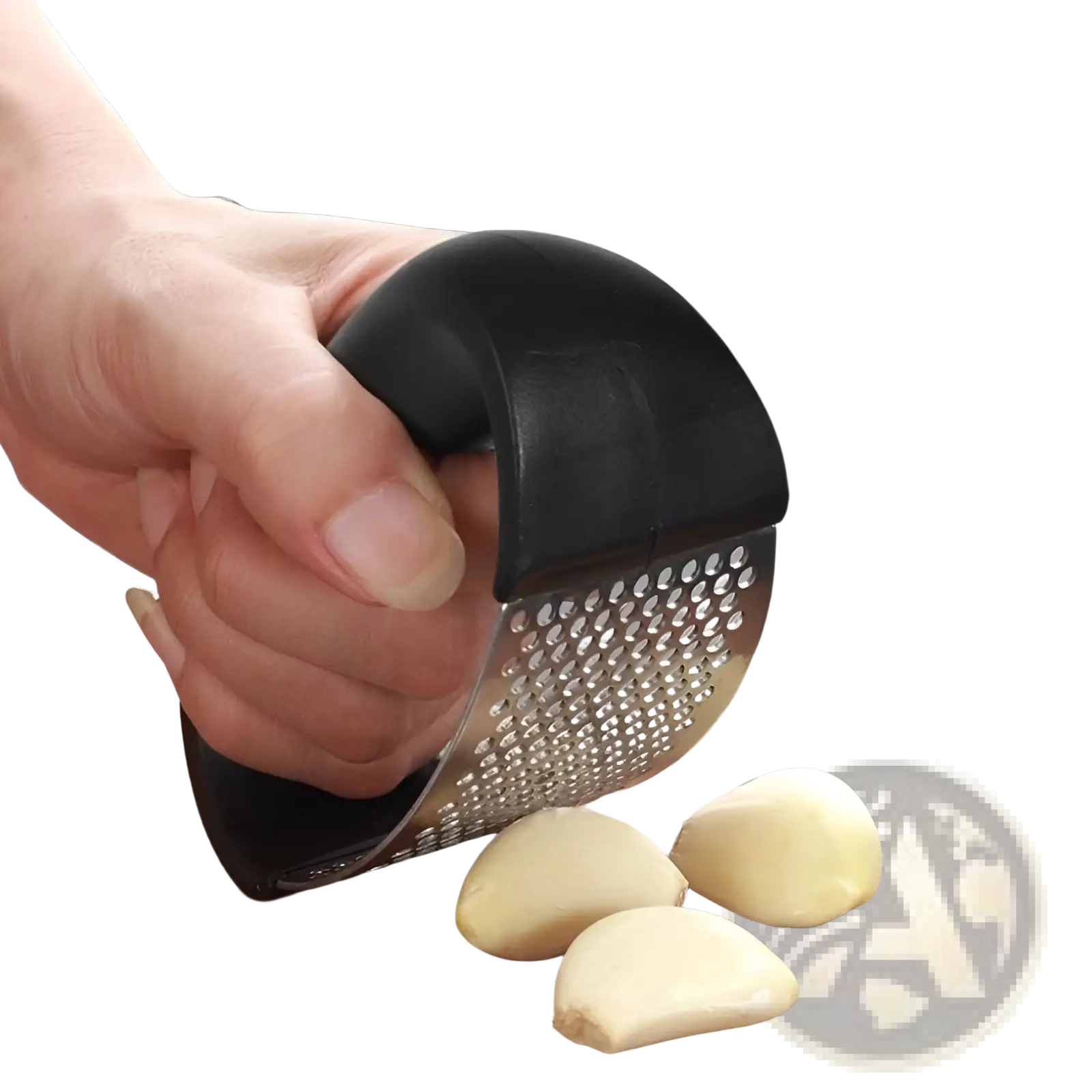 Black-handled garlic press with stainless steel grating surface ergonomic manual mincer tool for kitchen use
