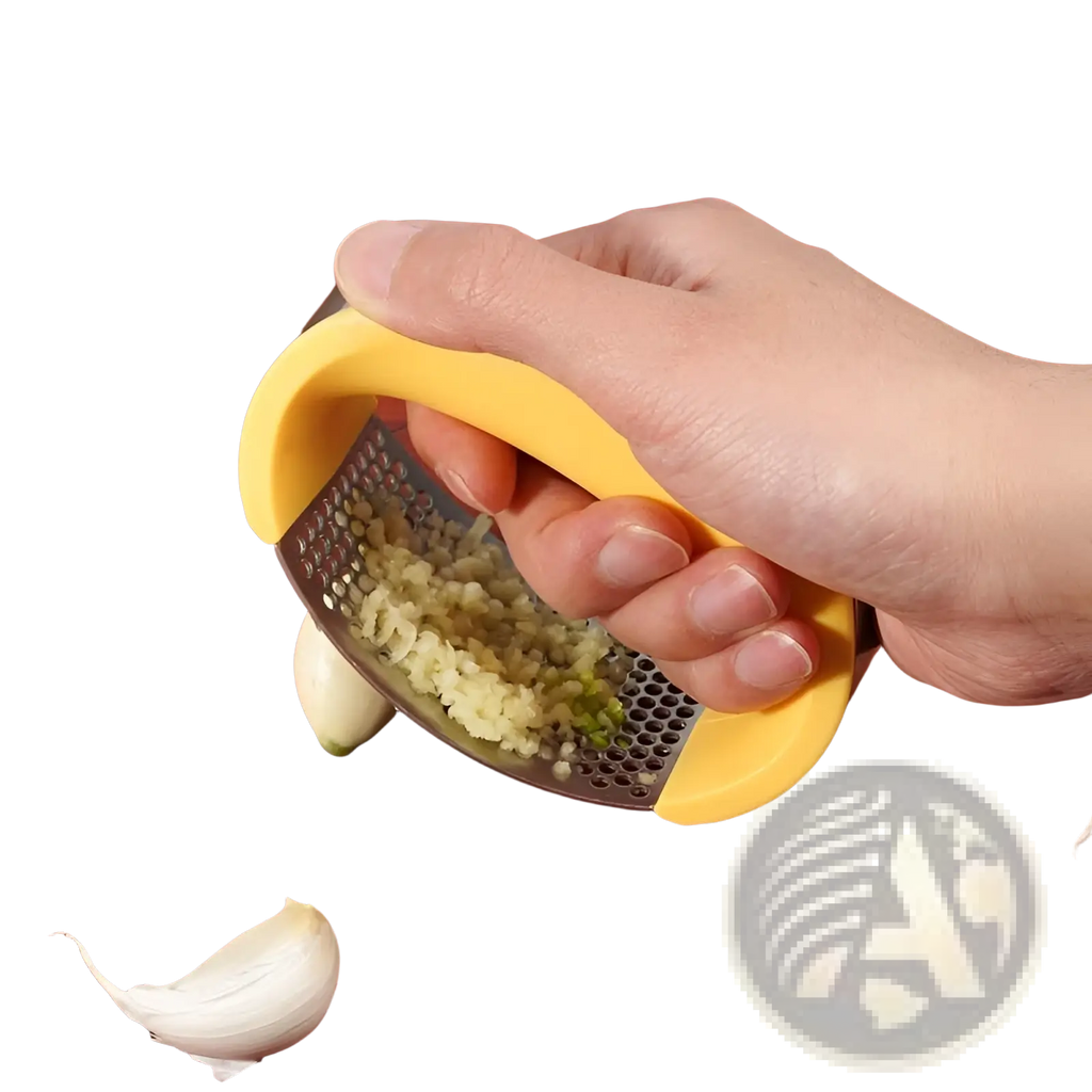 Yellow-handled stainless steel garlic press with ergonomic design and metallic grating surface for manual mincing