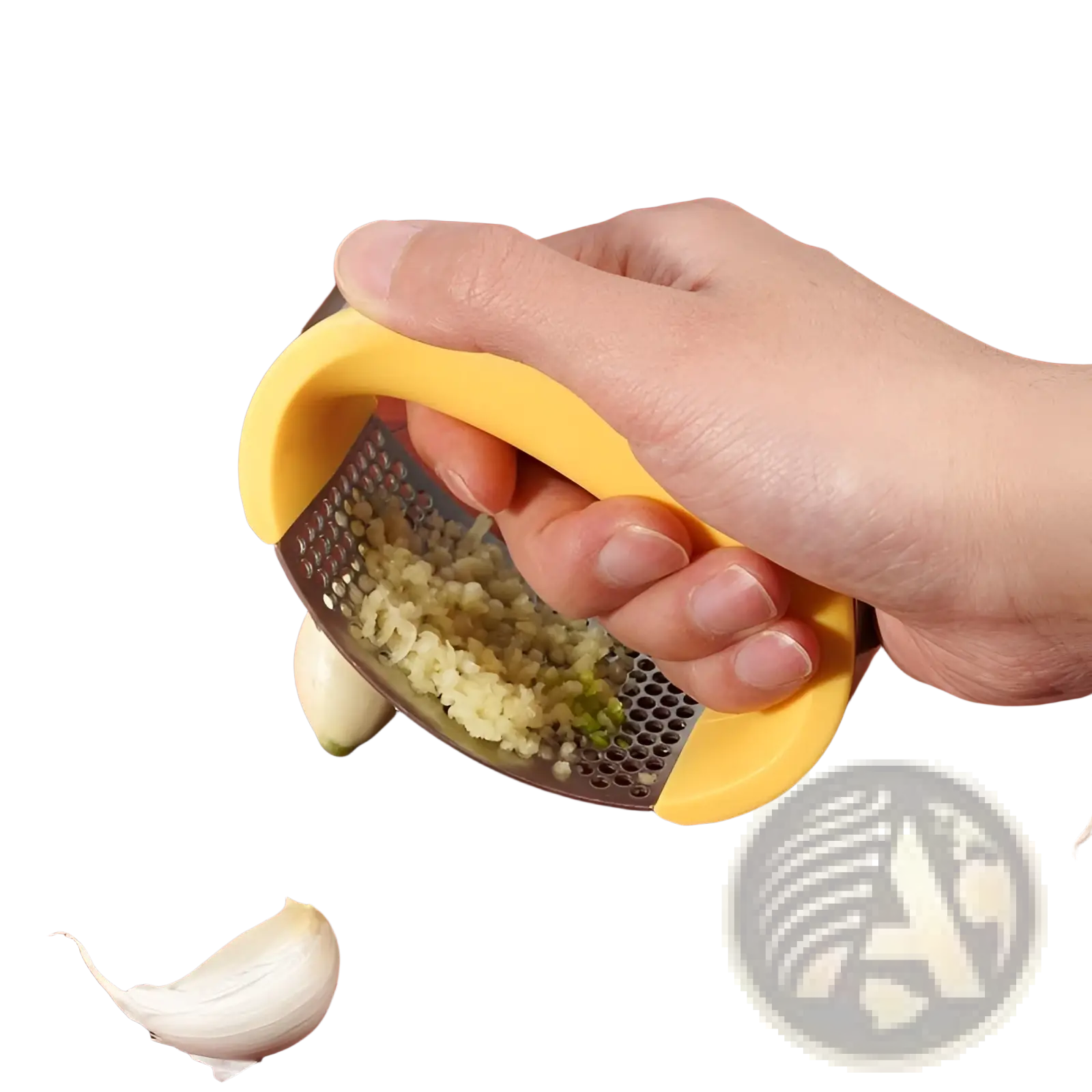 Yellow-handled stainless steel garlic press with ergonomic design and metallic grating surface for manual mincing