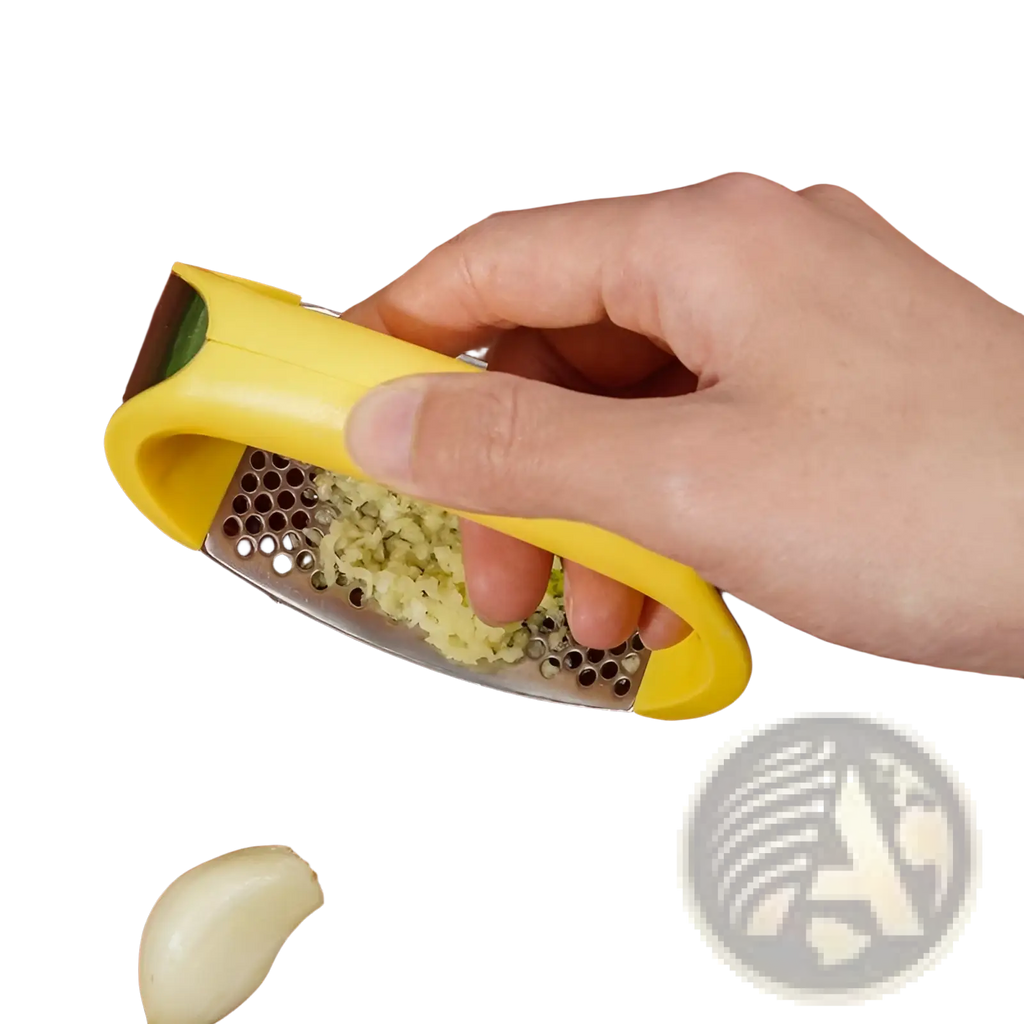 Yellow plastic-handled garlic press with stainless steel grating surface ergonomic manual mincer tool