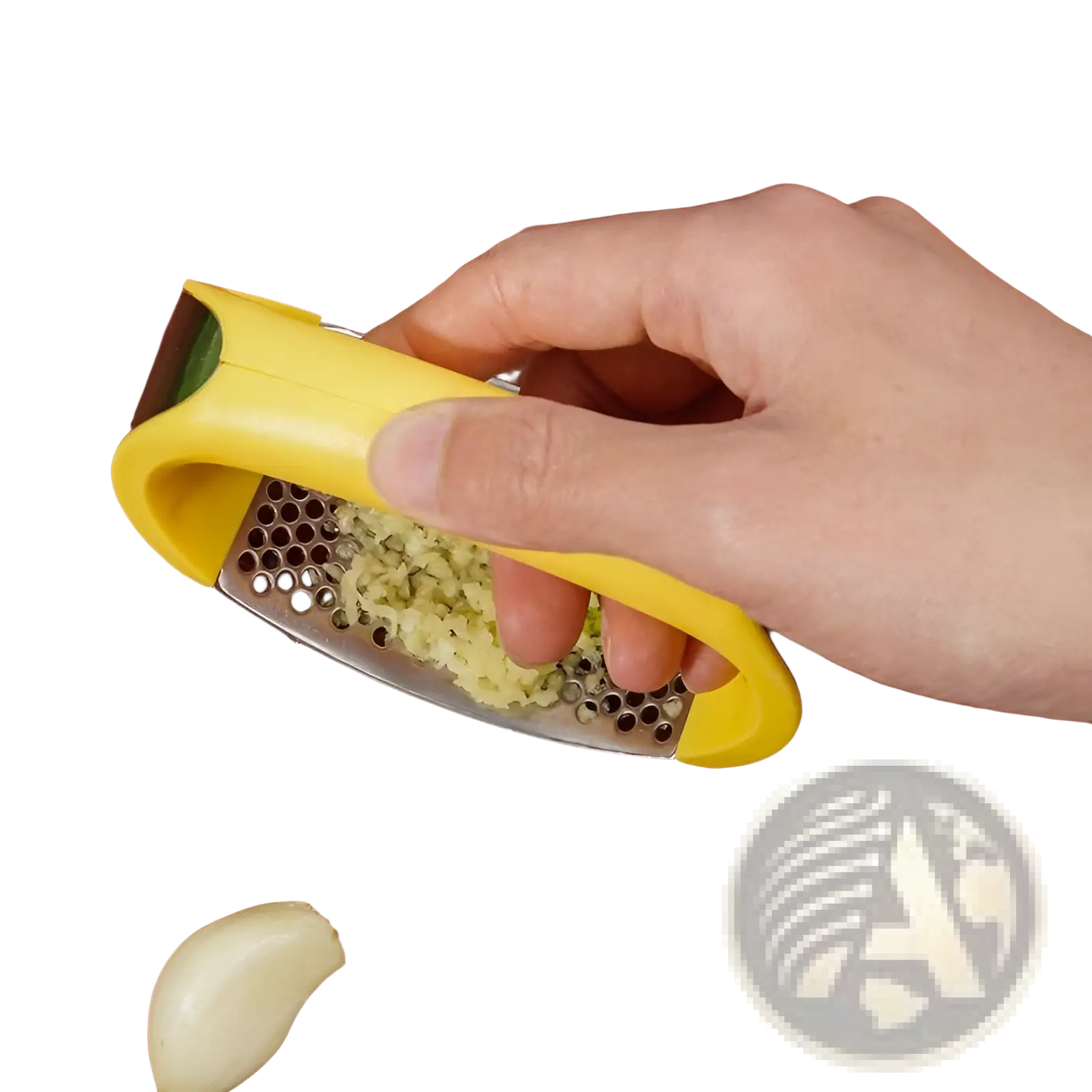 Yellow plastic-handled garlic press with stainless steel grating surface ergonomic manual mincer tool