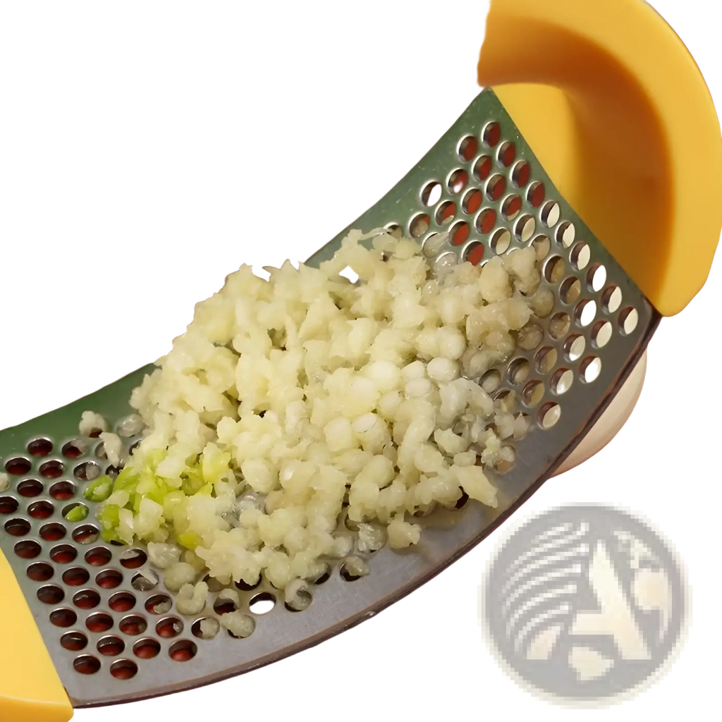 Yellow-handled stainless steel garlic press with ergonomic design grating finely minced garlic and green onions