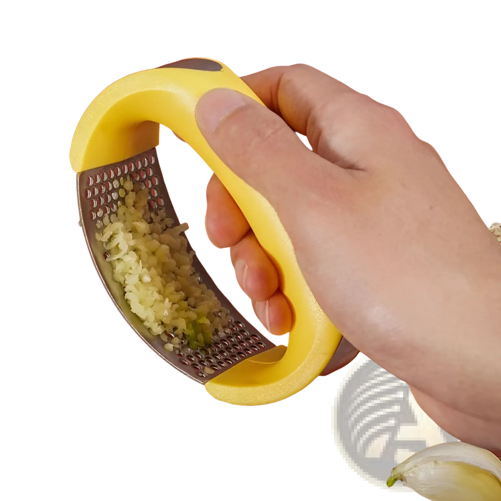 Yellow-handled stainless steel garlic press with ergonomic design filled with finely minced garlic for manual mincing