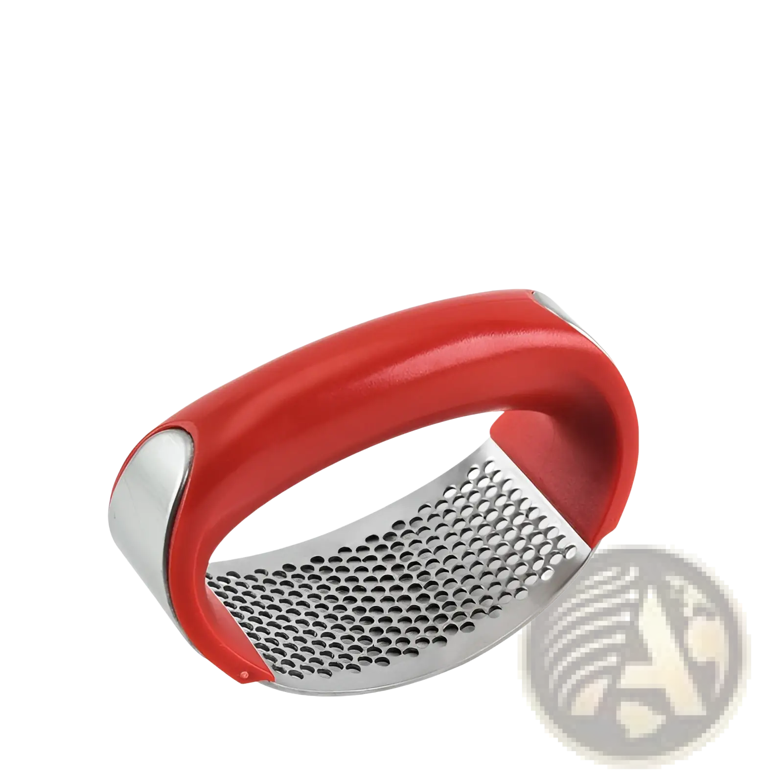 Ergonomic manual garlic press with red handles stainless steel and perforated grating surface for efficient mincing