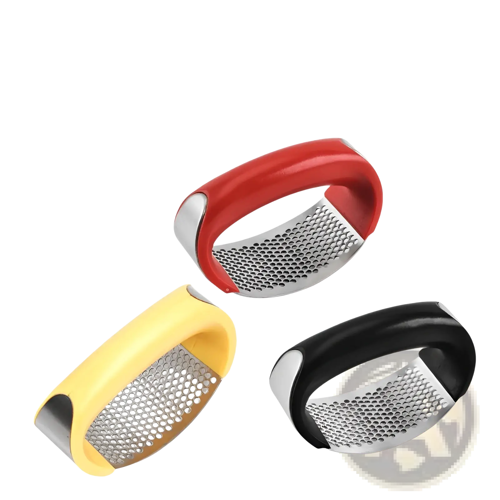 Garlic press ergonomic manual mincer tools in red yellow and black with stainless steel grating surfaces