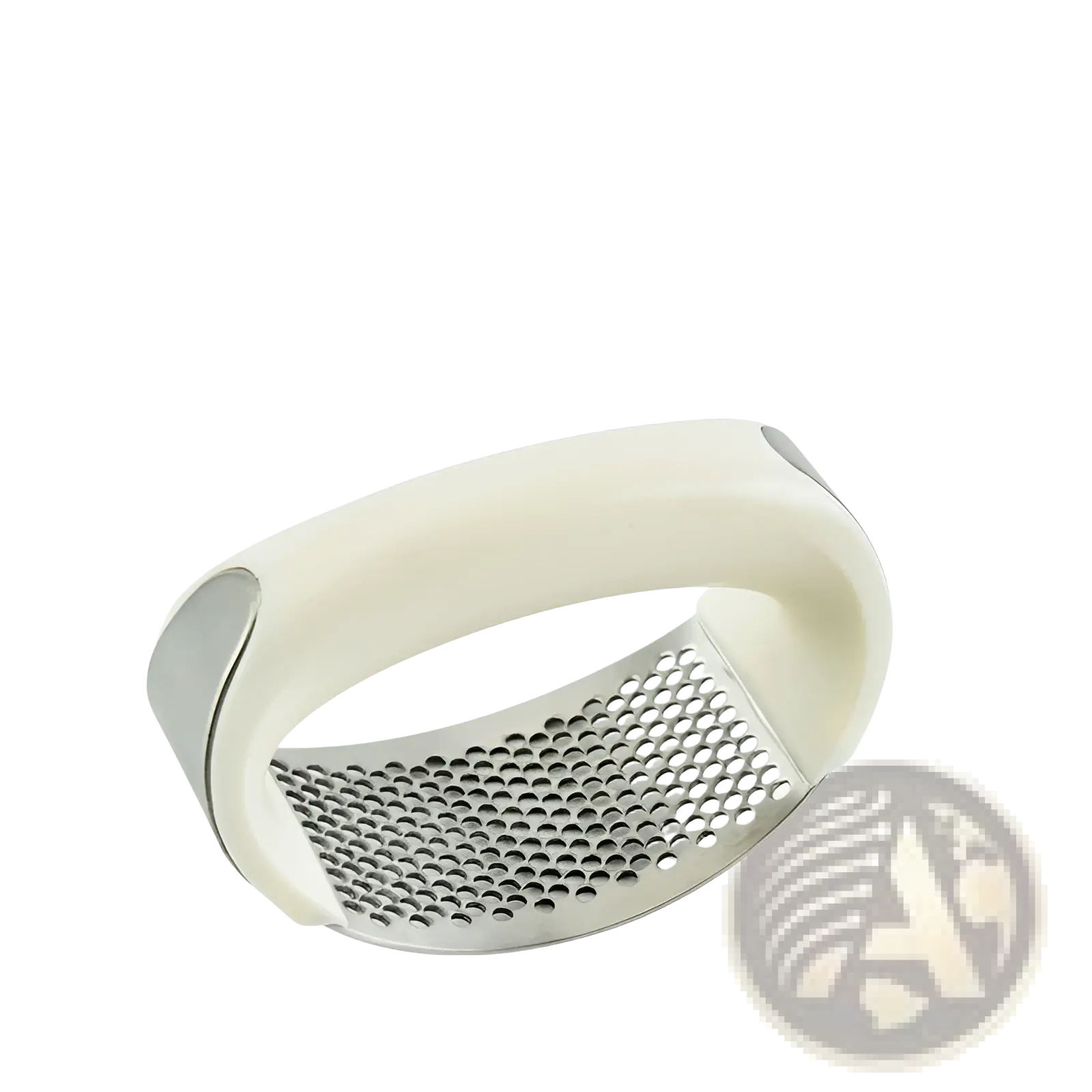 A sleek ergonomic stainless steel garlic press with white plastic handle for manual mincing