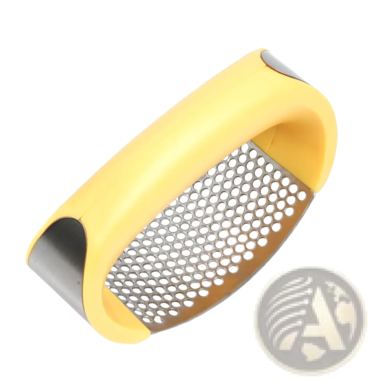 Yellow-handled garlic press with stainless steel grating surface ergonomic manual mincer tool for kitchen use