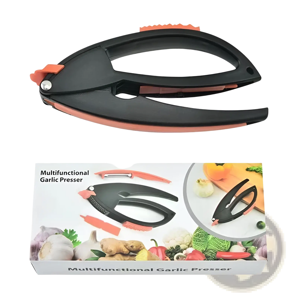 Black and orange multifunctional garlic press with ergonomic design for easy pressing and peeling in kitchen tool set