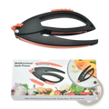 Black and orange multifunctional garlic press with ergonomic design for easy pressing and peeling in kitchen tool set