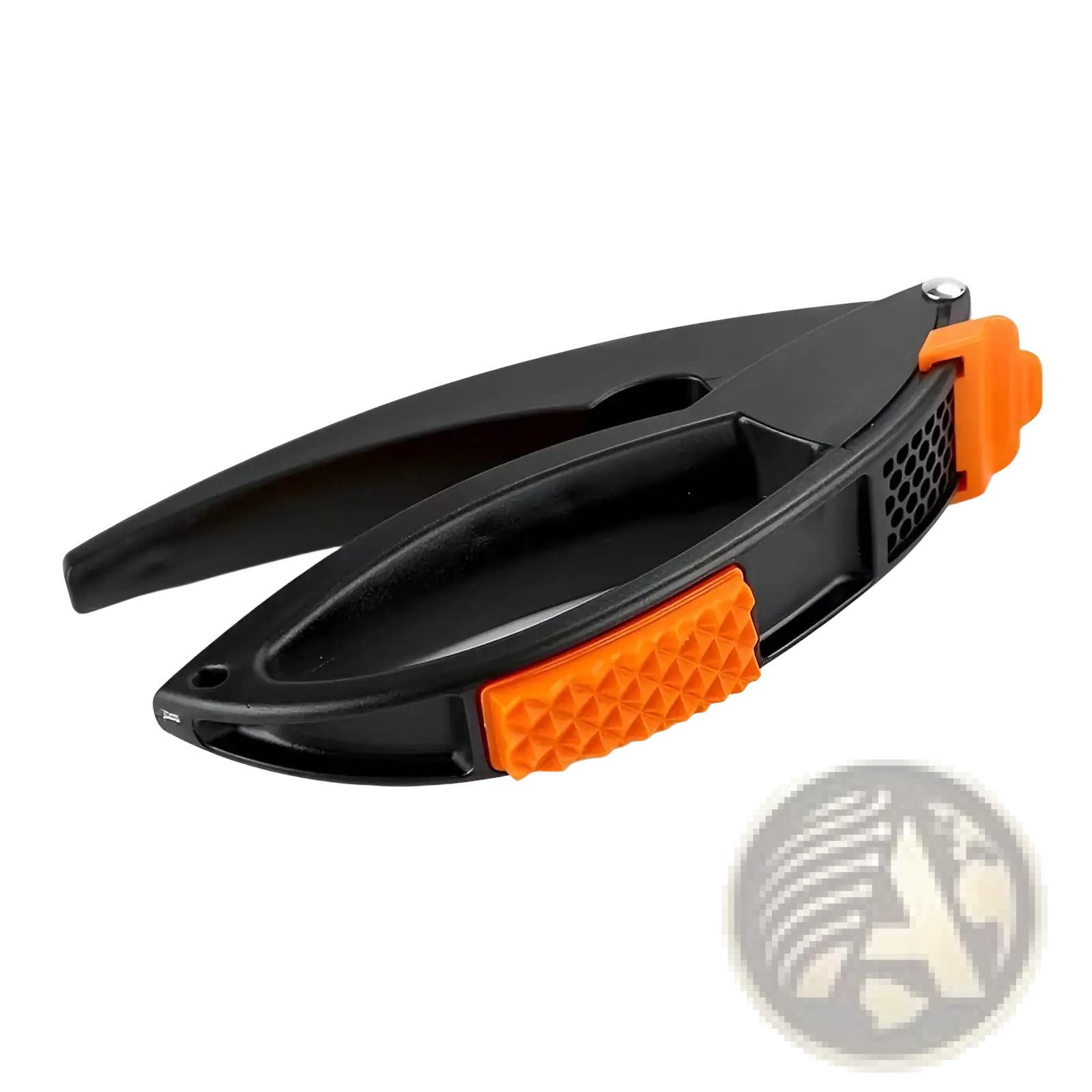 Black and orange plastic nutcracker with textured grip pads in a garlic press and vegetable peeler kitchen tool set
