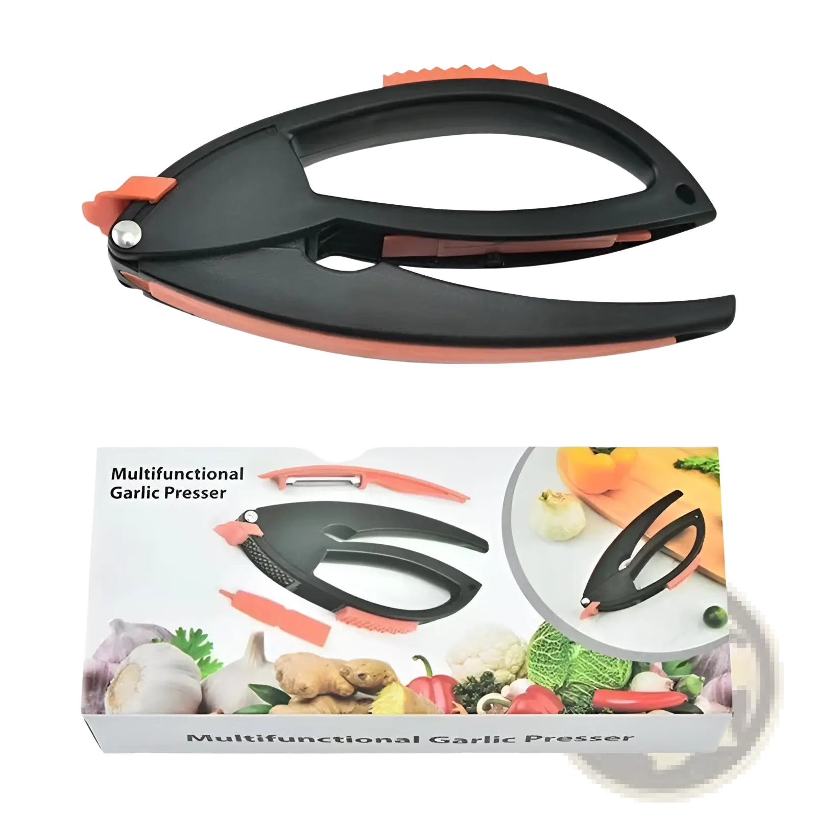 Black and orange multifunctional garlic press with sleek ergonomic design for pressing garlic and peeling vegetables