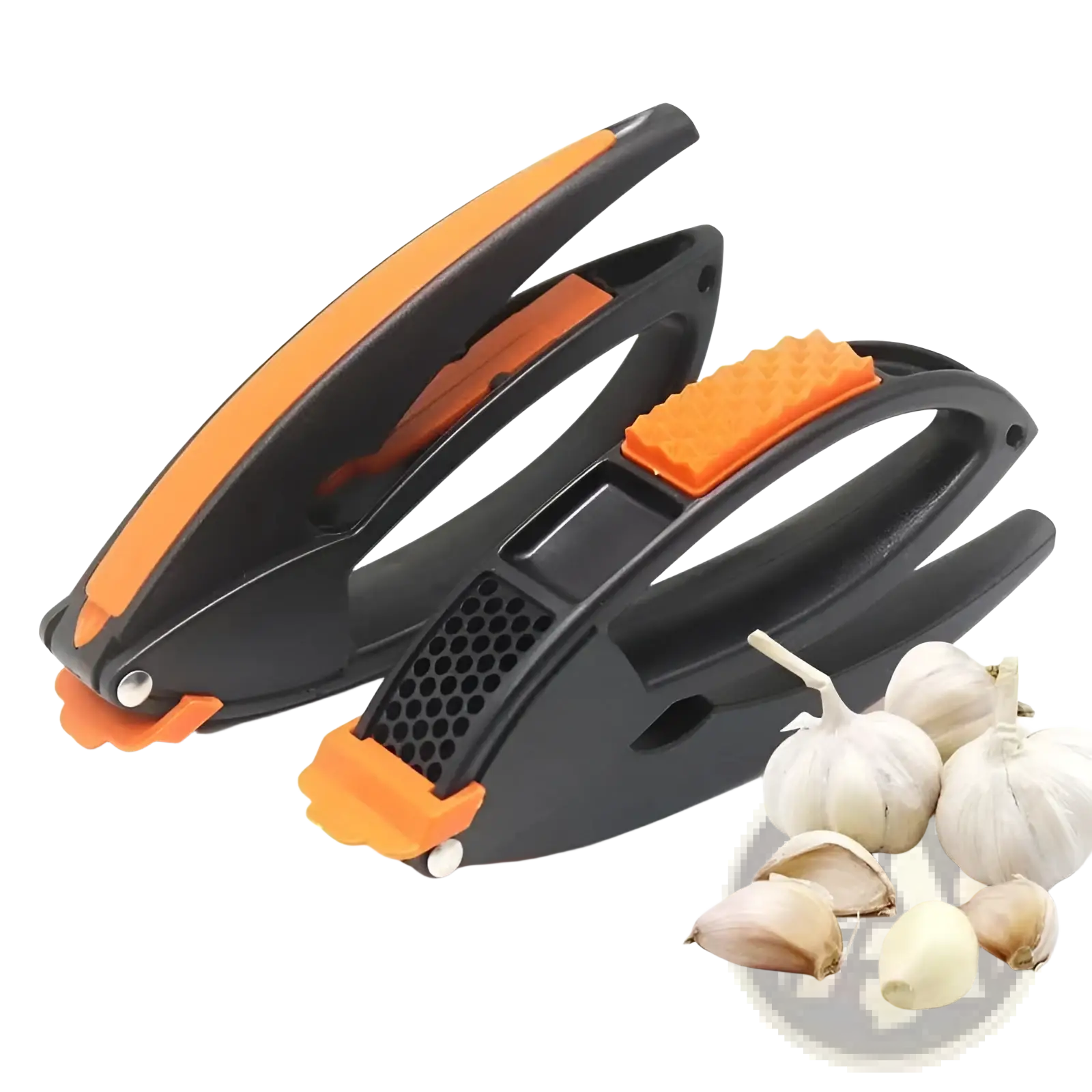 Black and orange plastic garlic press with textured grip handles for kitchen use in garlic press and vegetable peeler set
