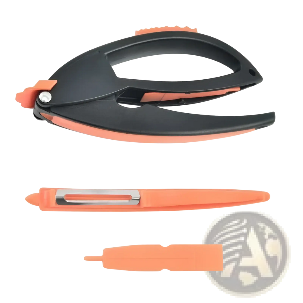 Orange and black foldable vegetable peeler with stainless steel blade in garlic press and vegetable peeler kitchen tool set