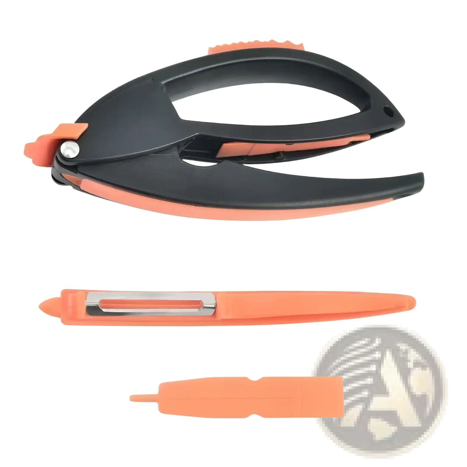 Orange and black foldable vegetable peeler with stainless steel blade in garlic press and vegetable peeler kitchen tool set