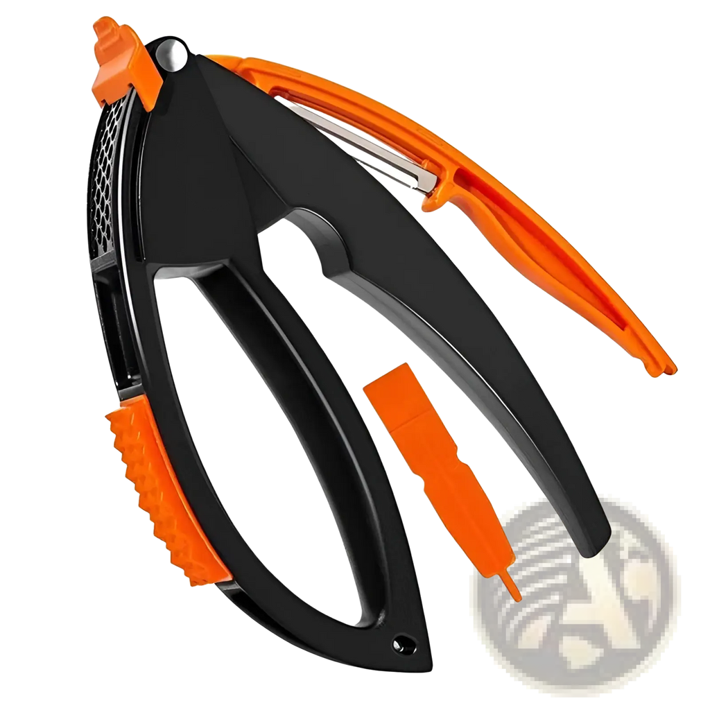 Orange and black garlic press with textured grips and a stainless steel blade in a kitchen tool set
