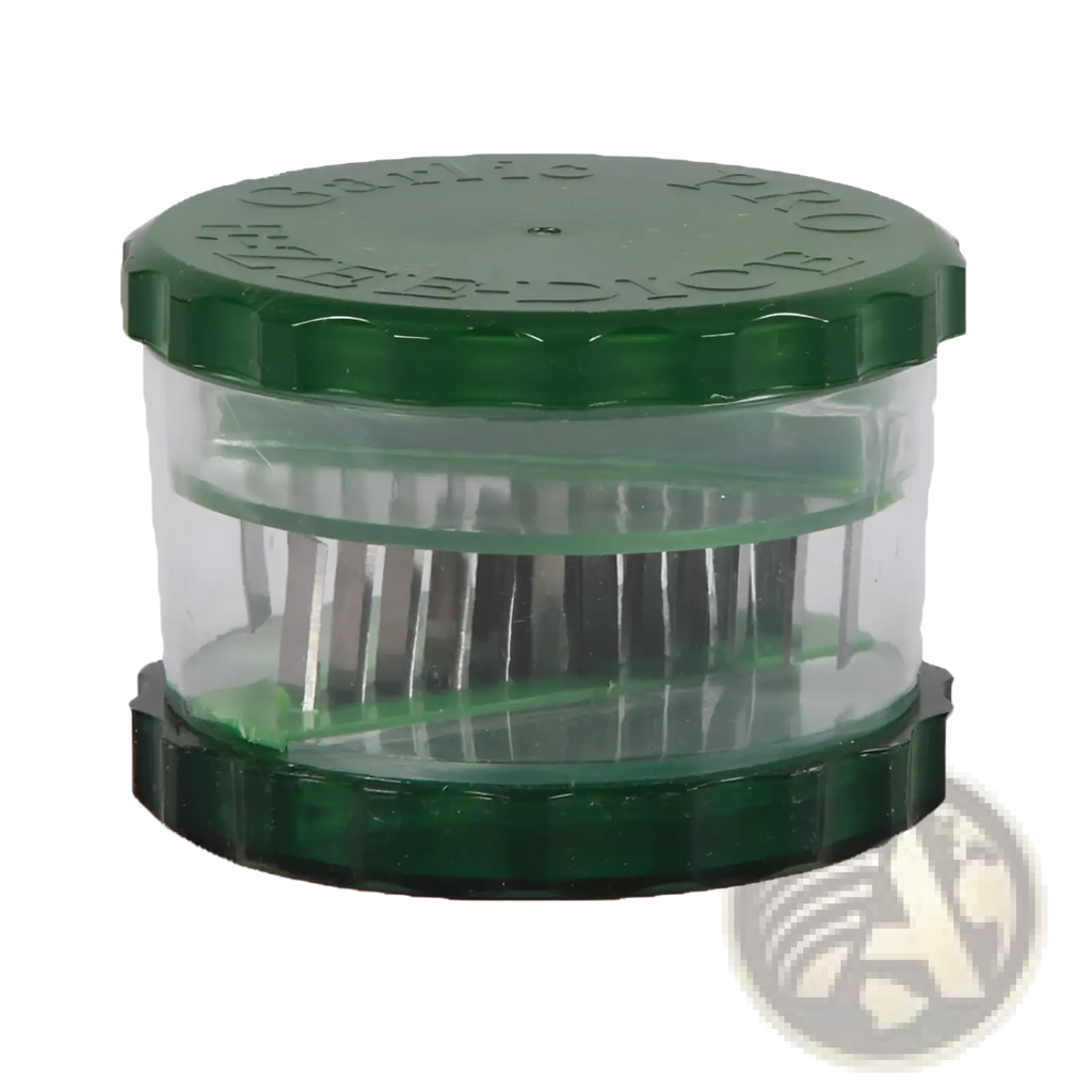 Green plastic garlic pro manual grinder and peeler with clear central chamber and metallic grinding blades