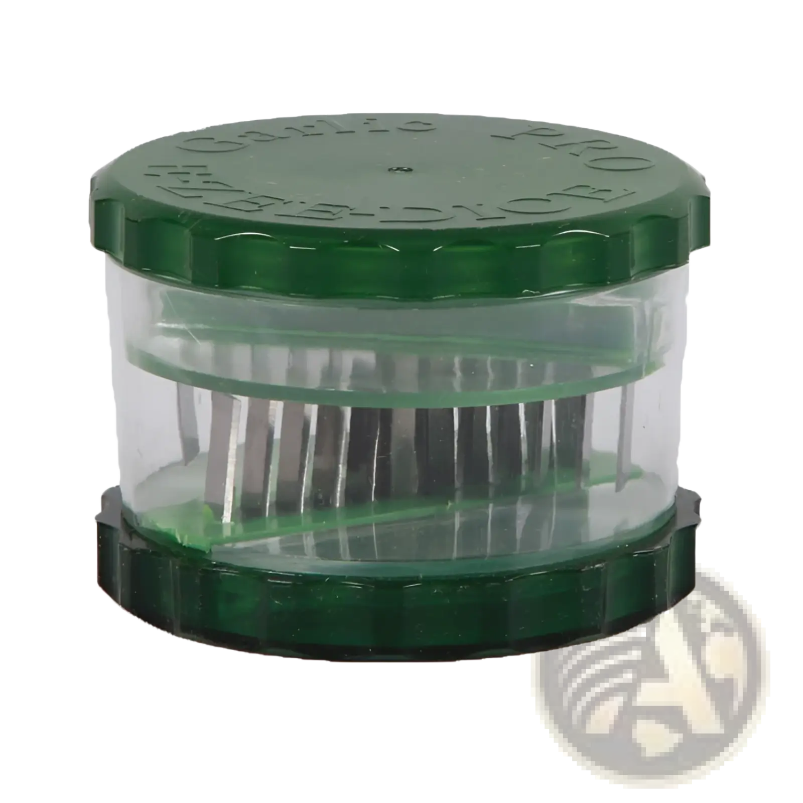 Green plastic garlic pro manual grinder and peeler with clear central chamber and metallic grinding blades