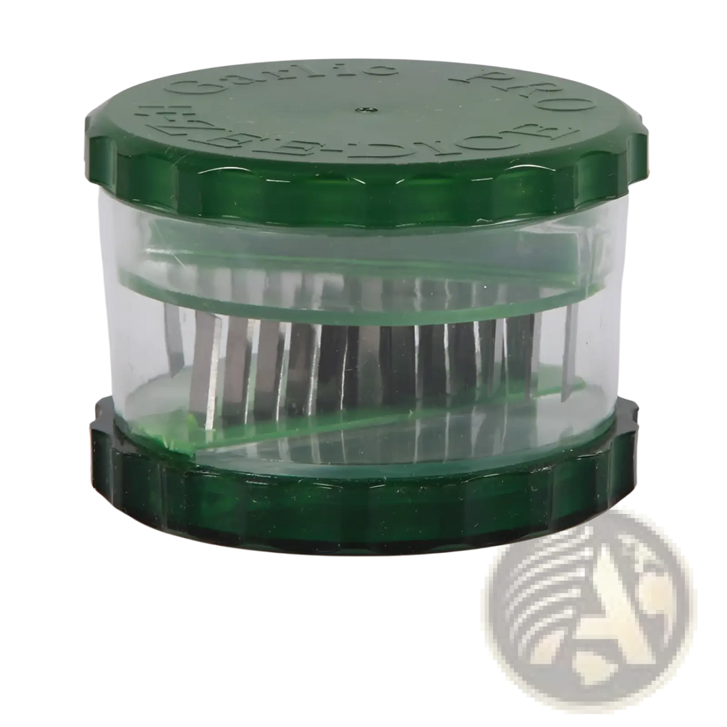 Green plastic garlic pro manual grinder and peeler with clear chamber and metallic grinding blades for kitchen use
