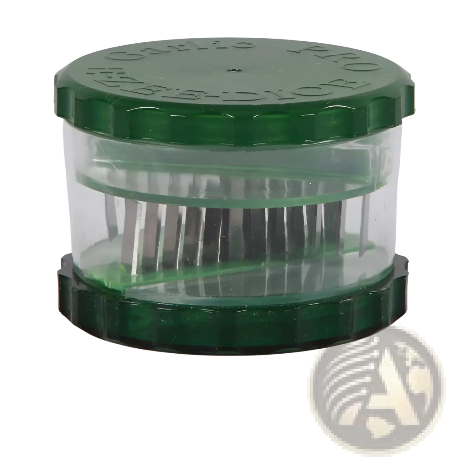 Green plastic garlic pro manual grinder and peeler with clear chamber and metallic grinding blades for kitchen use